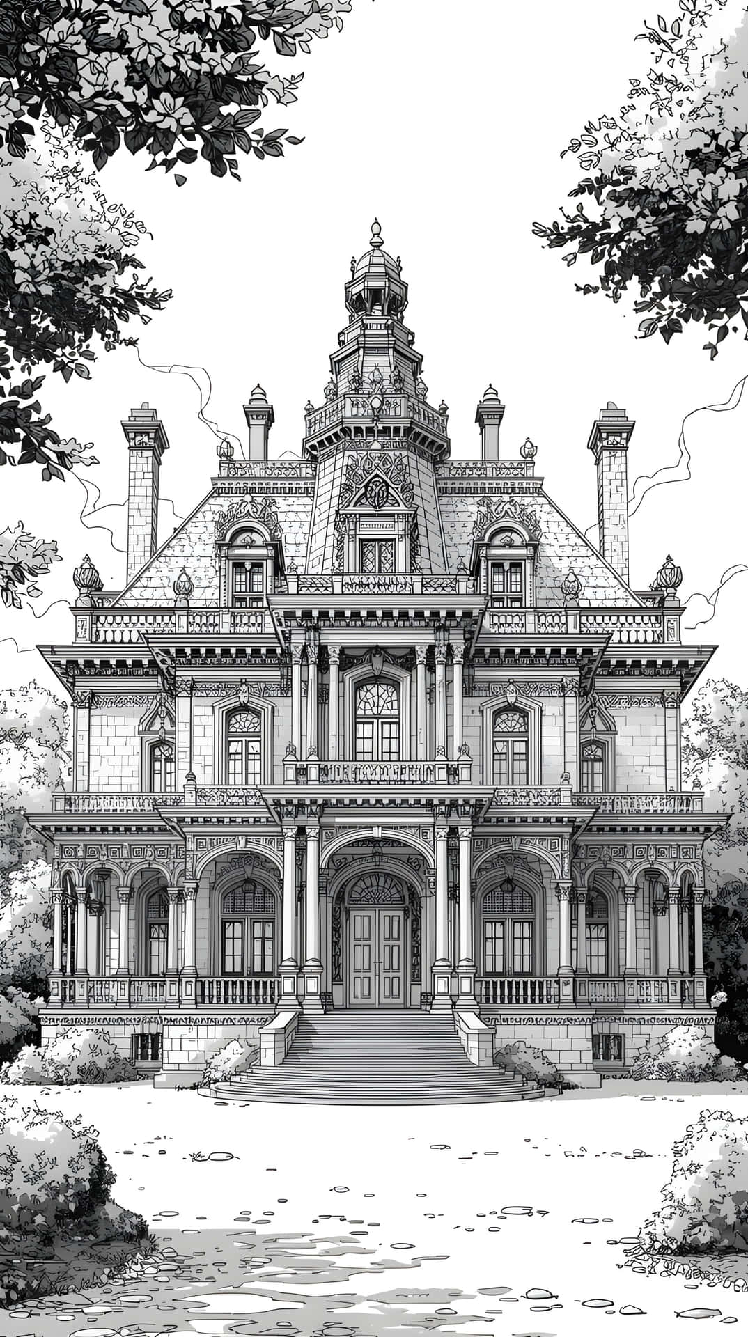 Majestic Antique Estate Illustration with Intricate Architecture 壁紙 — 一幅複雜的黑白建築草圖，描繪一座宏偉的維多利亞式大宅，四周環繞著枝葉茂密的樹木。