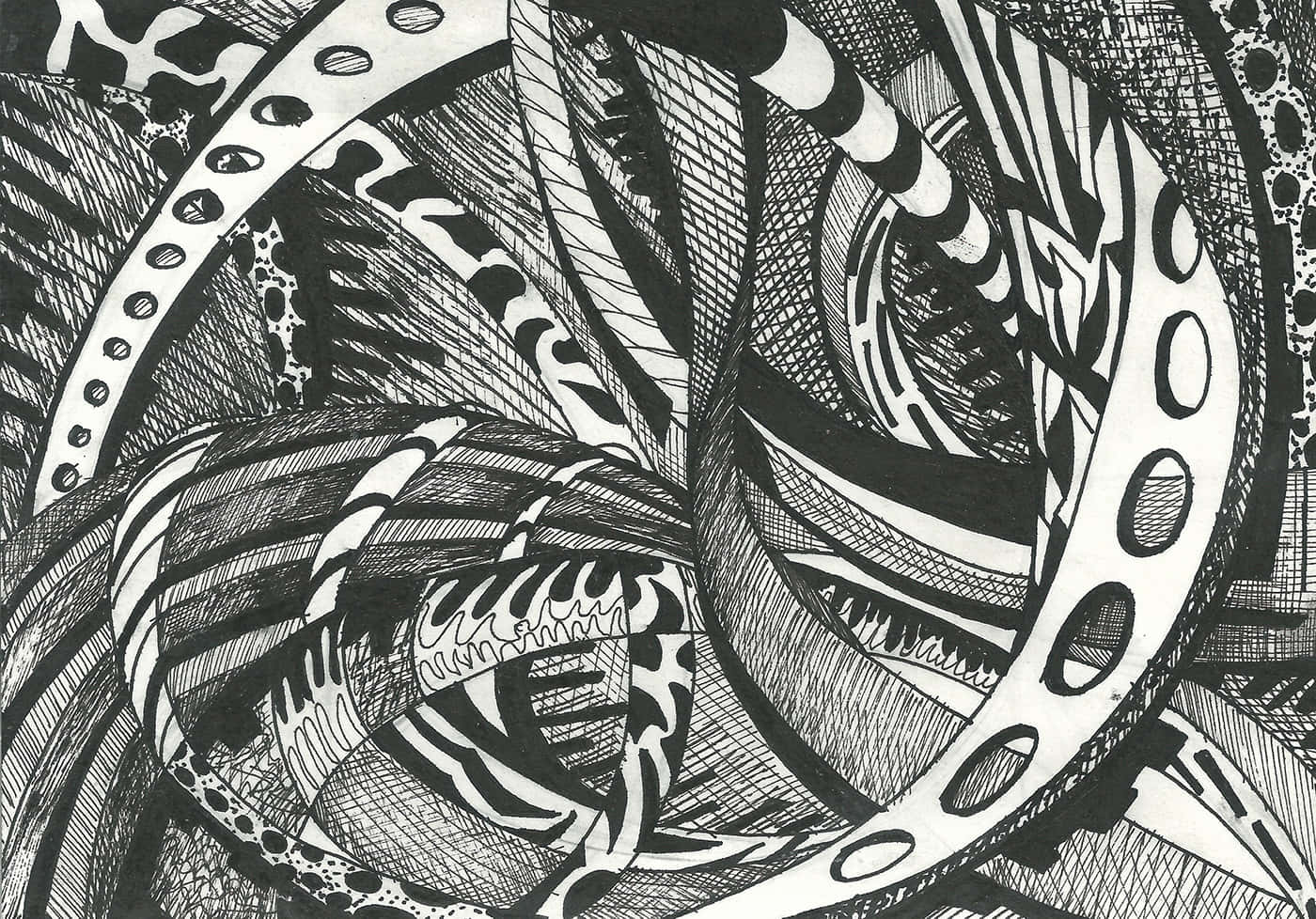 Black And White Abstract Art 桌布 壁紙 — 一幅複雜的黑白抽象畫，帶有漩渦圖案和紋理線條，營造出動態的視覺漩渦。