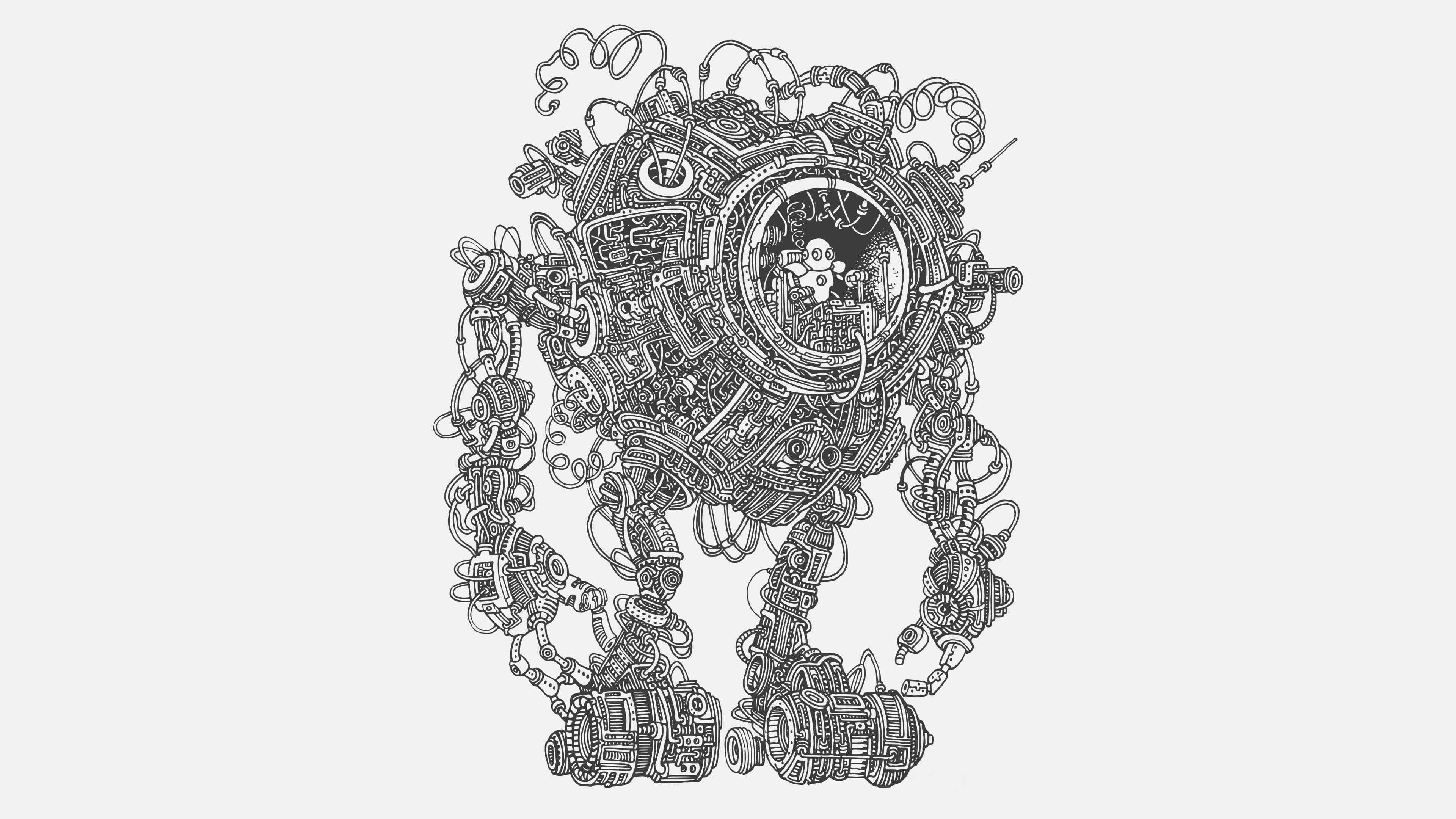 Line Art 桌布 壁紙 — 一幅複雜的黑白線條畫，描繪了一個由齒輪、管道和電線構成的機械生物。