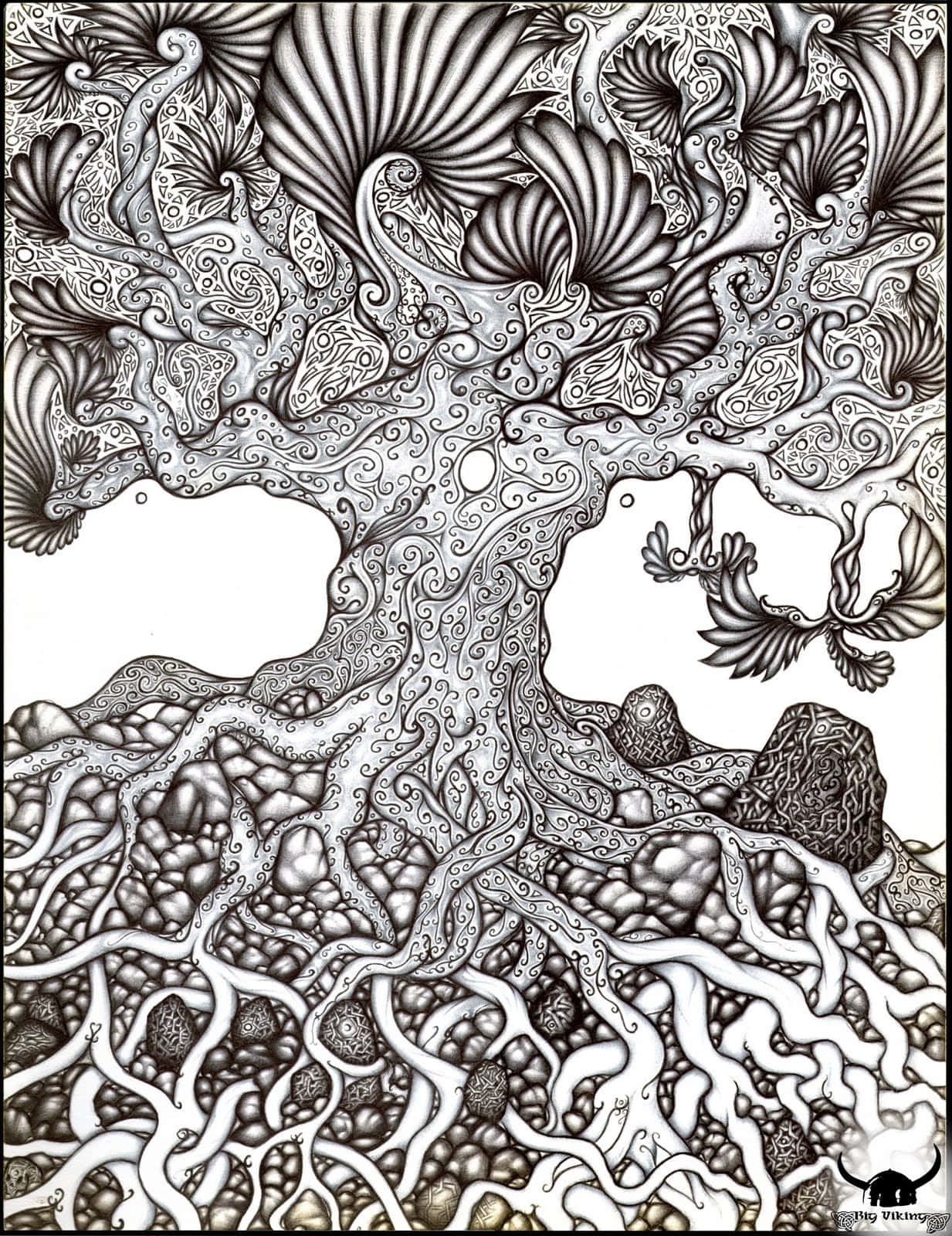 Tree Of Life 桌布 壁紙 — 一幅複雜的黑白繪畫，描繪一棵風格化的樹木，帶有華麗的漩渦狀葉子和在岩石間纏繞的樹根。