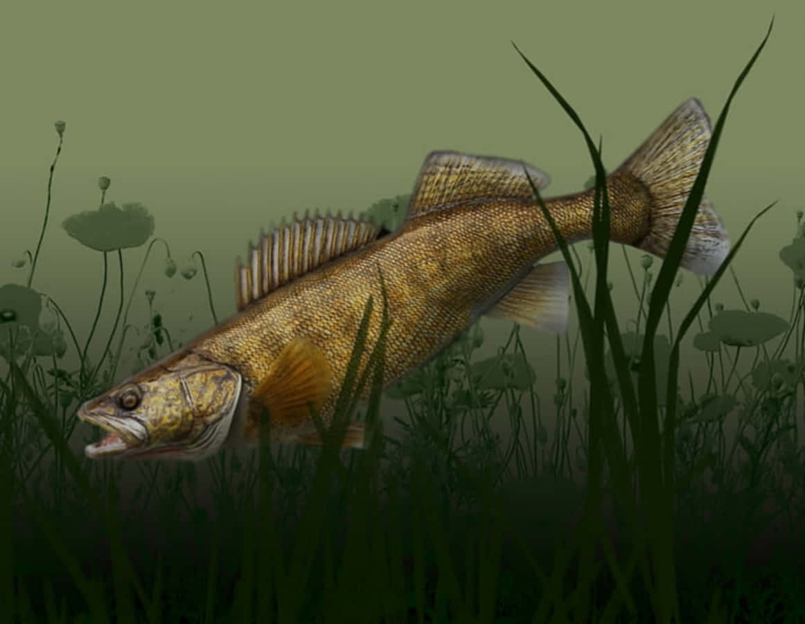 Walleye 桌布 壁紙 — 一幅詳細插圖，描繪一條金色魚在渾濁的綠色水中穿過高草和睡蓮葉。