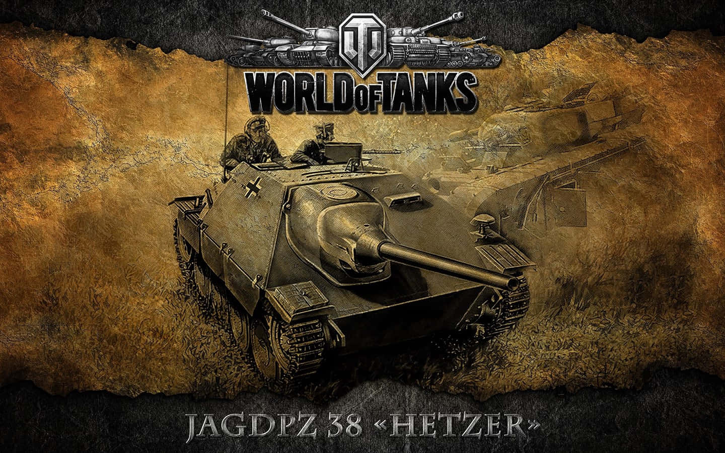 game 桌布 壁紙 — 一幅詳細插圖，描繪一輛 Jagdpanzer 38 Hetzer 坦克，車上有士兵，背景為帶紋理的懷舊戰場色調。