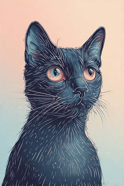 Minimalist Cat Outline on Pastel 壁紙 — 一幅詳細插圖，描繪一隻黑貓，擁有引人注目的琥珀色眼睛，在柔和的漸變背景上向上凝視。