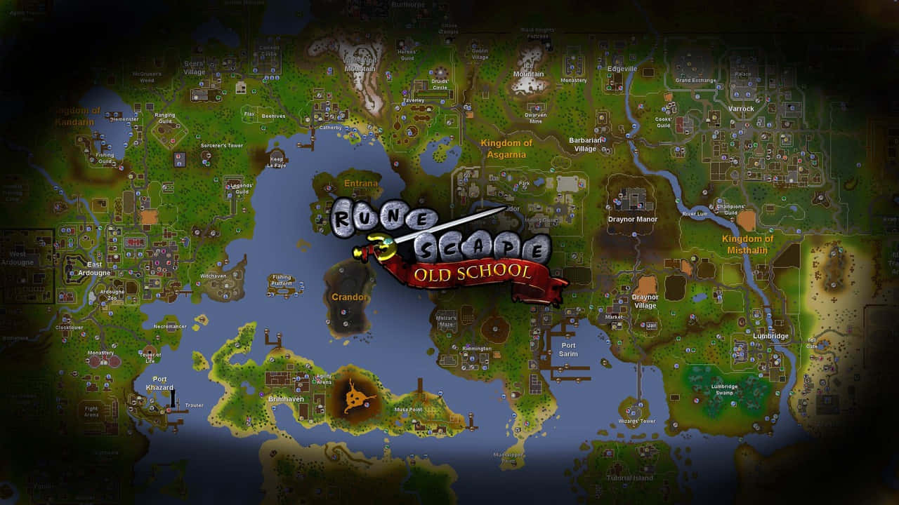 電玩遊戲 桌布 壁紙 — 一幅詳細的RuneScape Old School奇幻地圖，帶有發光的地標和中央標誌，背景為深色漸暈。