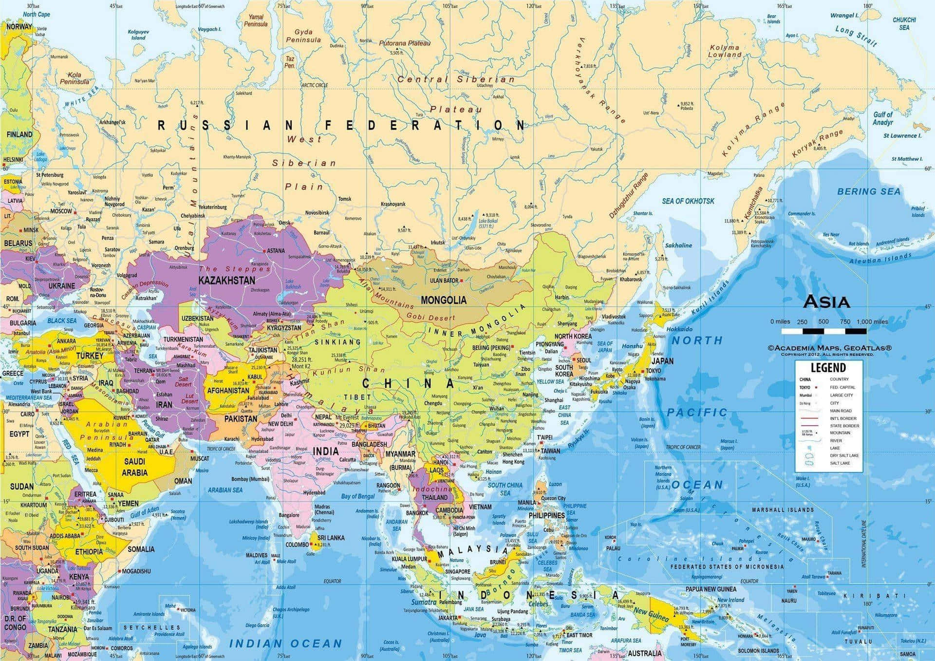 World Map Aesthetic 桌布 壁紙 — 一幅詳細的亞洲政治地圖，以不同顏色顯示各國，並標註邊界及主要水域。