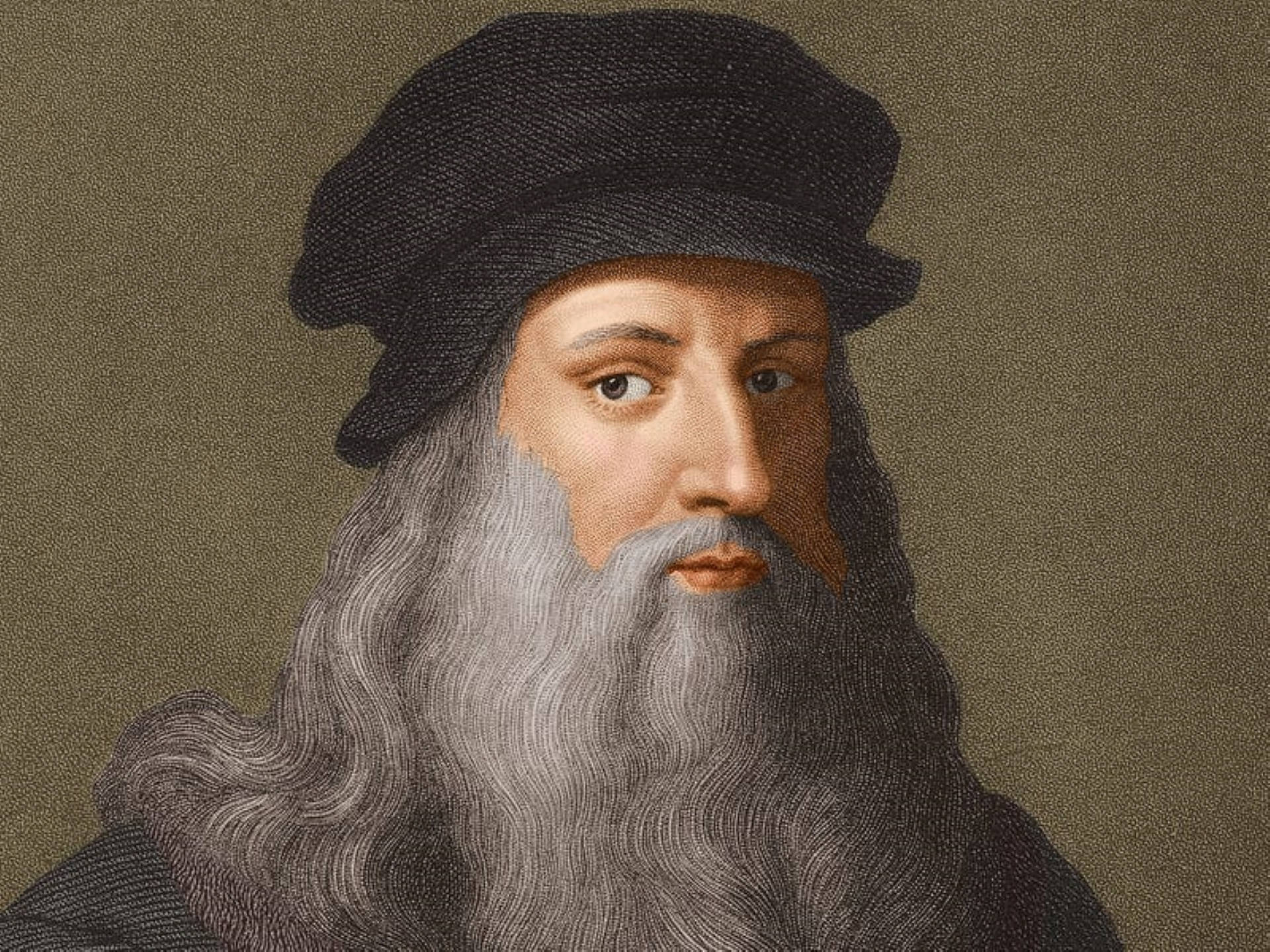 Leonardo Da Vinci 桌布 壁紙 — 一幅詳細的列奧納多·達·芬奇肖像，長灰鬍鬚和黑色帽子，背景為柔和的棕色。