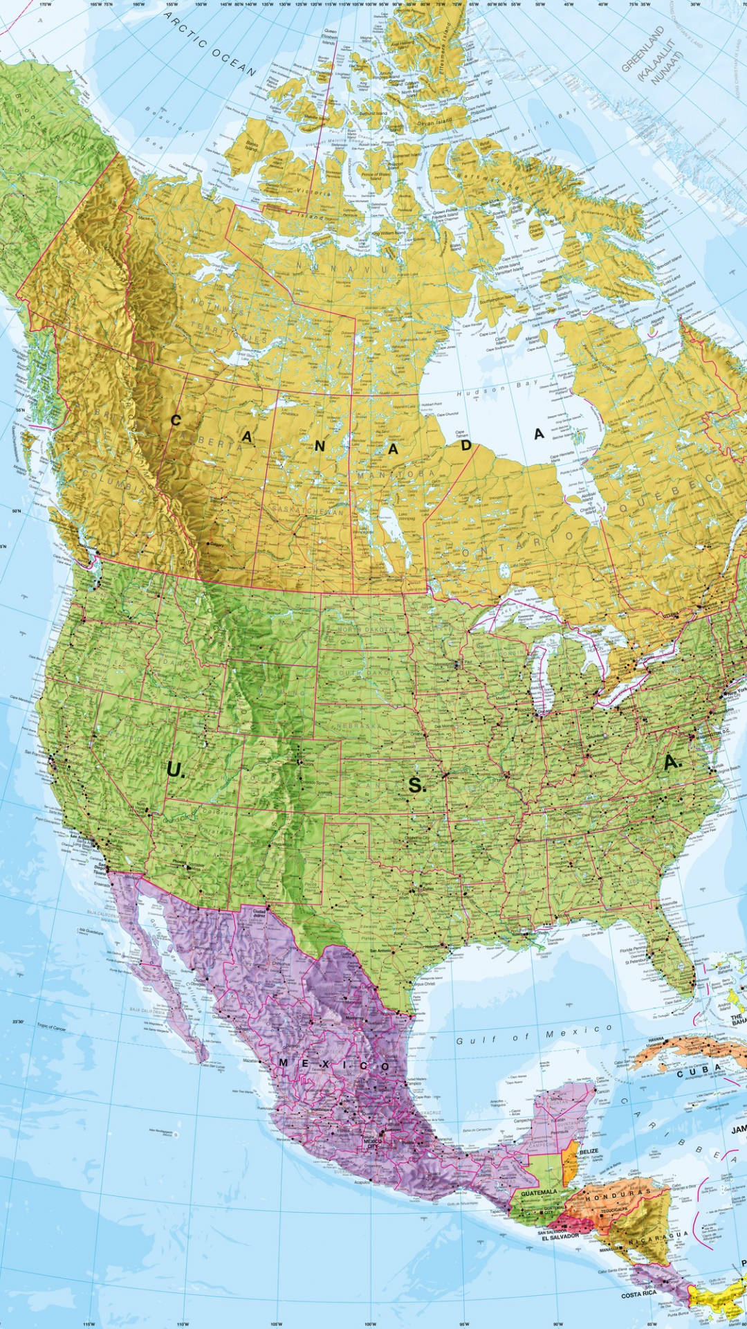 United States Map 桌布 壁紙 — 一幅詳細的北美洲地形圖，顯示加拿大、美國和墨西哥，帶有顏色編碼的海拔和標記的水體。