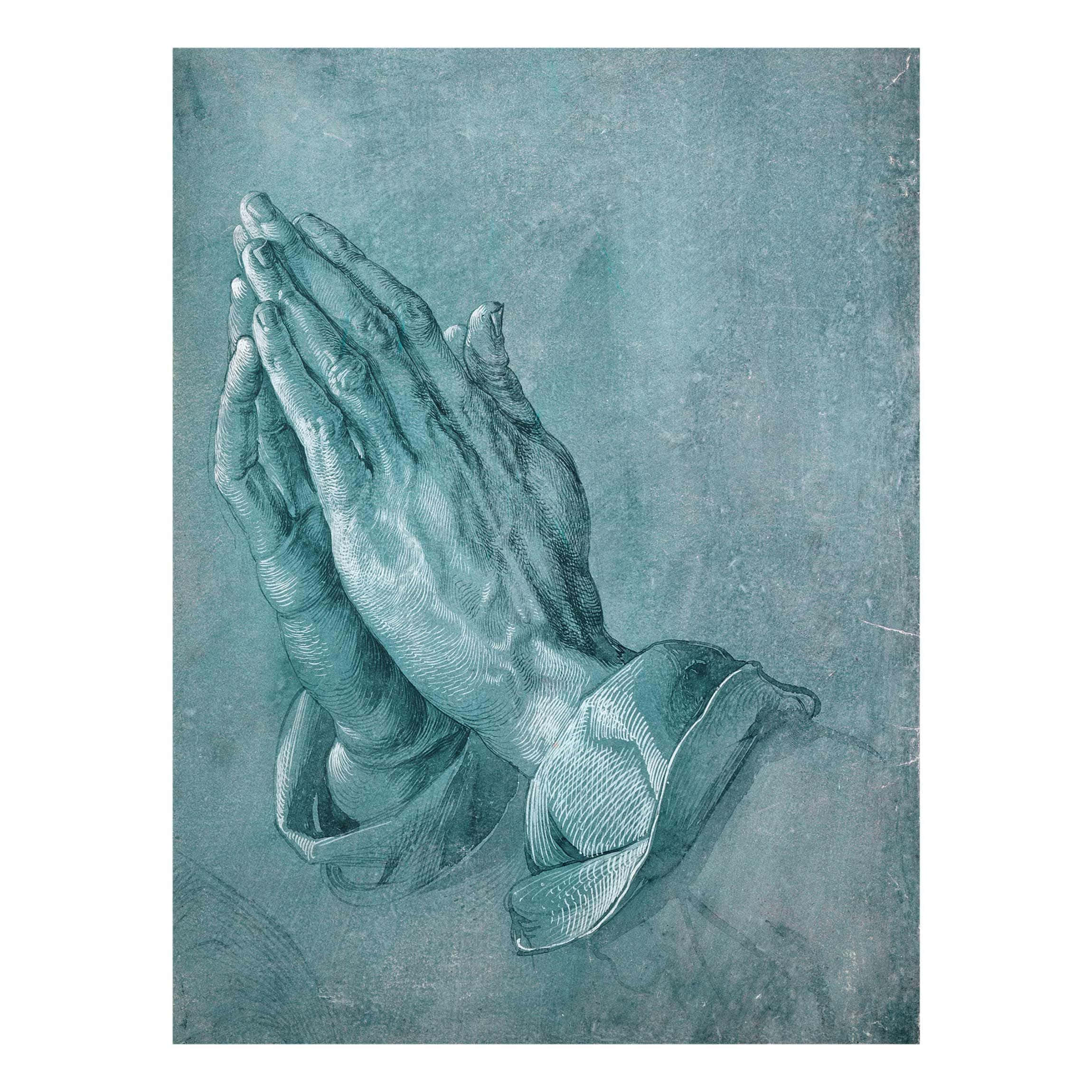 Praying 桌布 壁紙 — 一幅詳細的單色繪畫，描繪了在帶有紋理的青綠色背景上祈禱的緊握雙手。