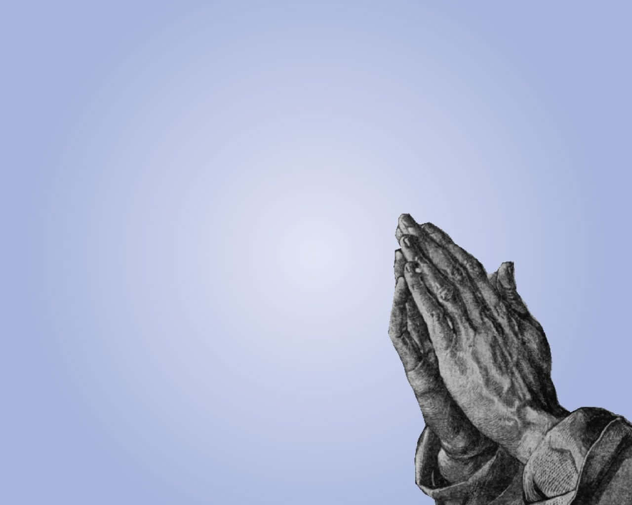 Praying 桌布 壁紙 — 一幅詳細的單色繪畫，描繪在柔和漸變藍色背景上祈禱的緊握雙手。