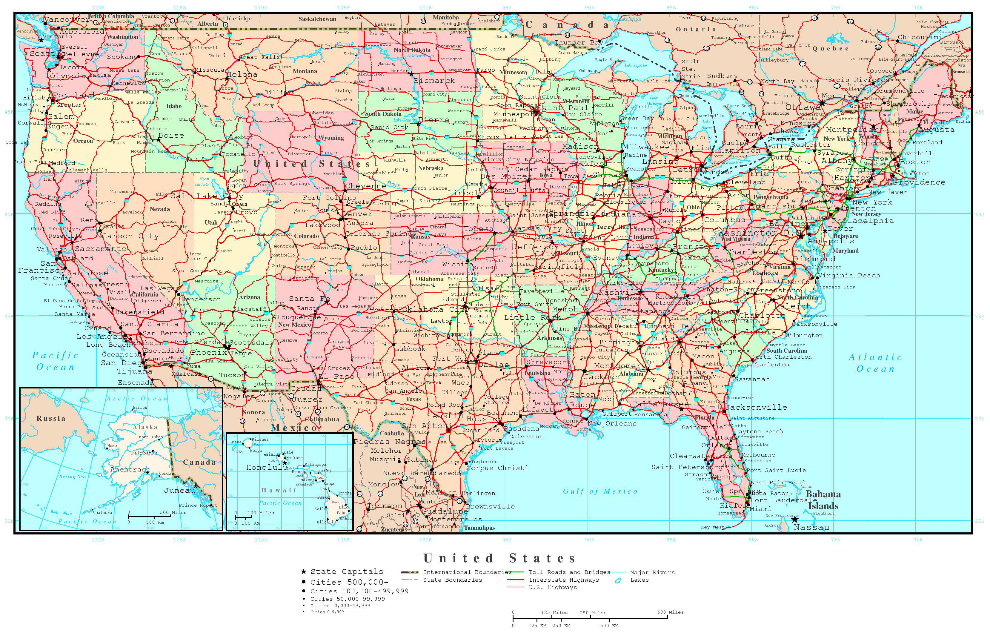 United States Map 桌布 壁紙 — 一幅詳細的復古風格美國地圖，以柔和色彩顯示州份、城市、高速公路和主要河流。