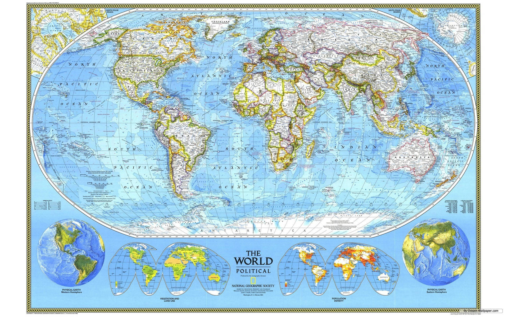 United States Map 桌布 壁紙 — 一幅詳細的政治世界地圖，包含大陸、海洋和邊界，以藍色、黃色和綠色色調呈現，並以裝飾性金色邊框框起。