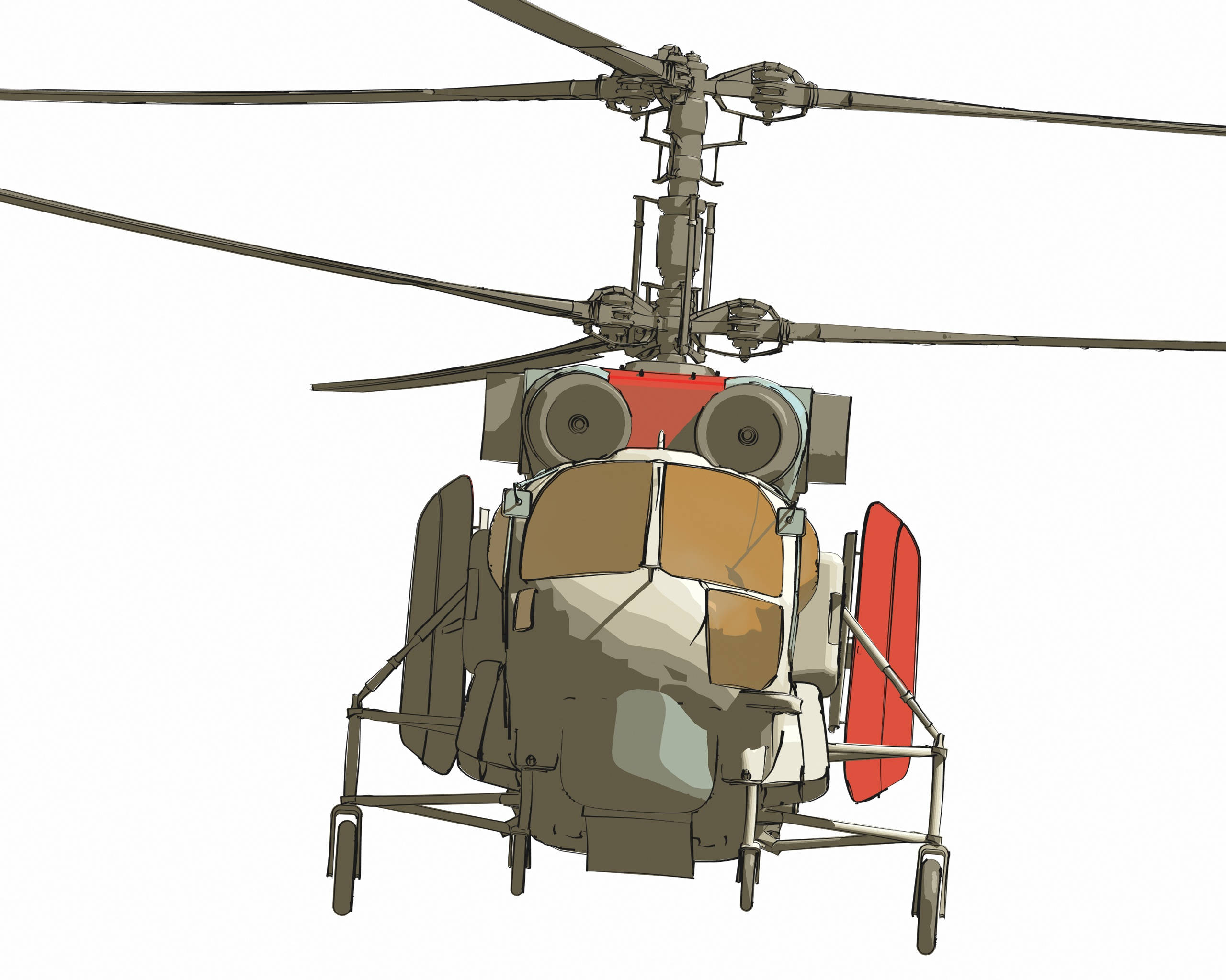 helicopter 4K 桌布 壁紙 — 一幅詳細的數位插圖，描繪一架帶有紅色點綴和迷彩圖案的軍用直升機，背景為純白色。