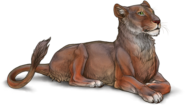 Lioness 桌布 壁紙 — 一幅詳細的數位插圖，描繪一隻母獅在深色表面上休息，擁有柔軟的棕色毛髮和警覺的綠色眼睛。
