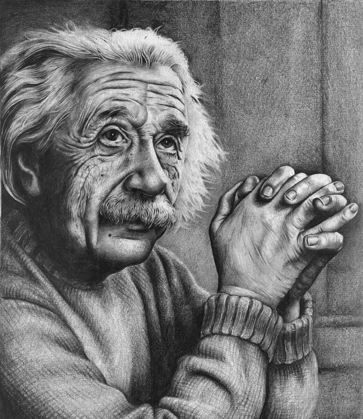 Sketch Art 桌布 壁紙 — 一幅詳細的木炭肖像畫，描繪阿爾伯特·愛因斯坦雙手交握，展現深皺紋和沉思的表情。