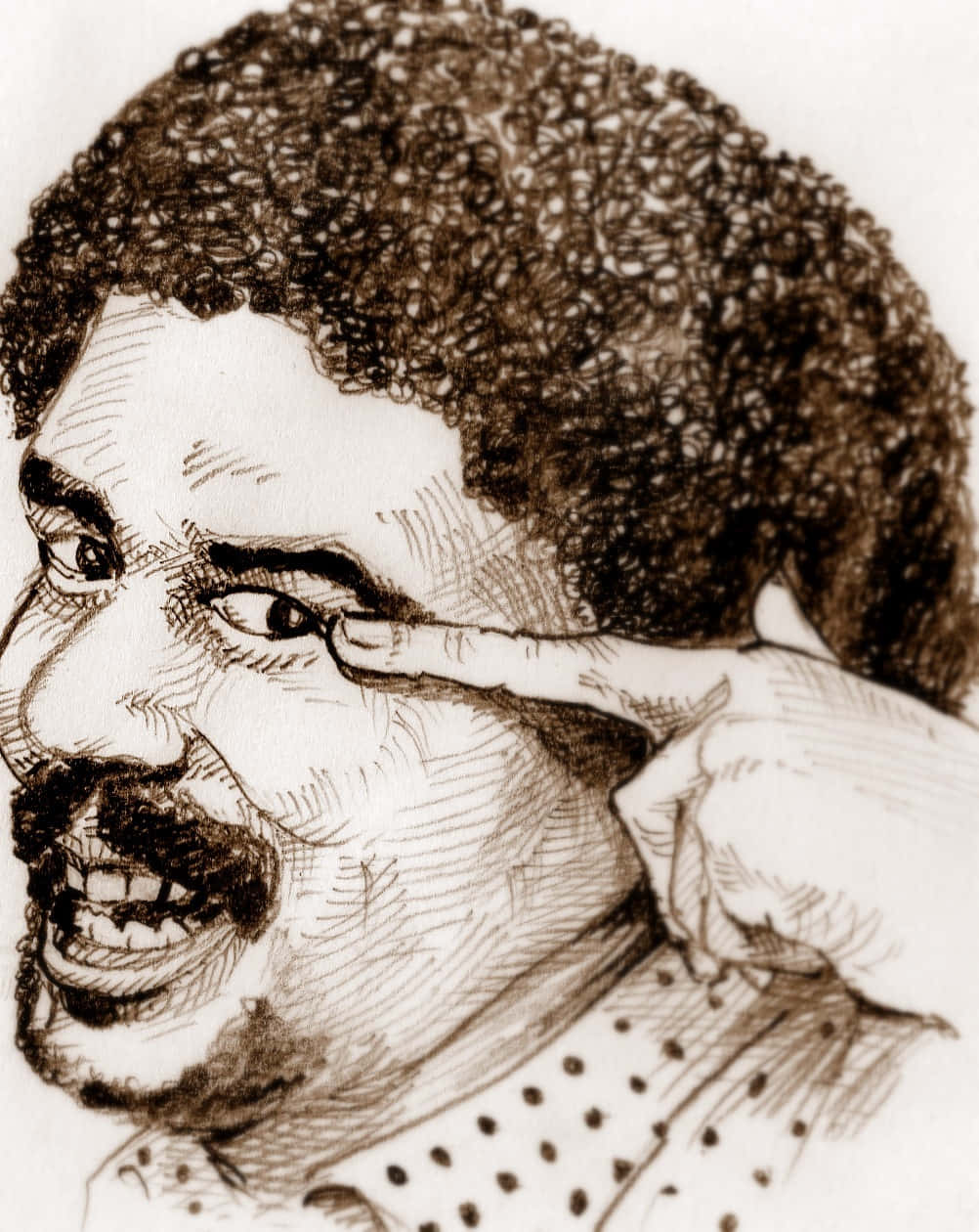 Richard Pryor 桌布 壁紙 — 一幅詳細的棕褐色調素描，描繪一名捲髮留鬍鬚的男子邊笑邊調整眼鏡。