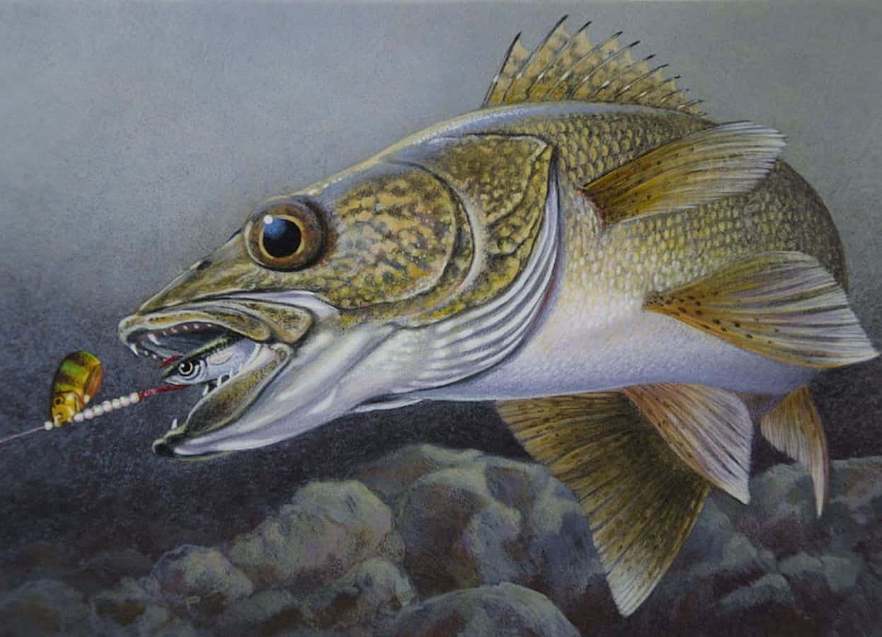 Walleye 桌布 壁紙 — 一幅詳細的油畫，描繪一條白眼魚在深色水下岩石上方咬住魚餌。