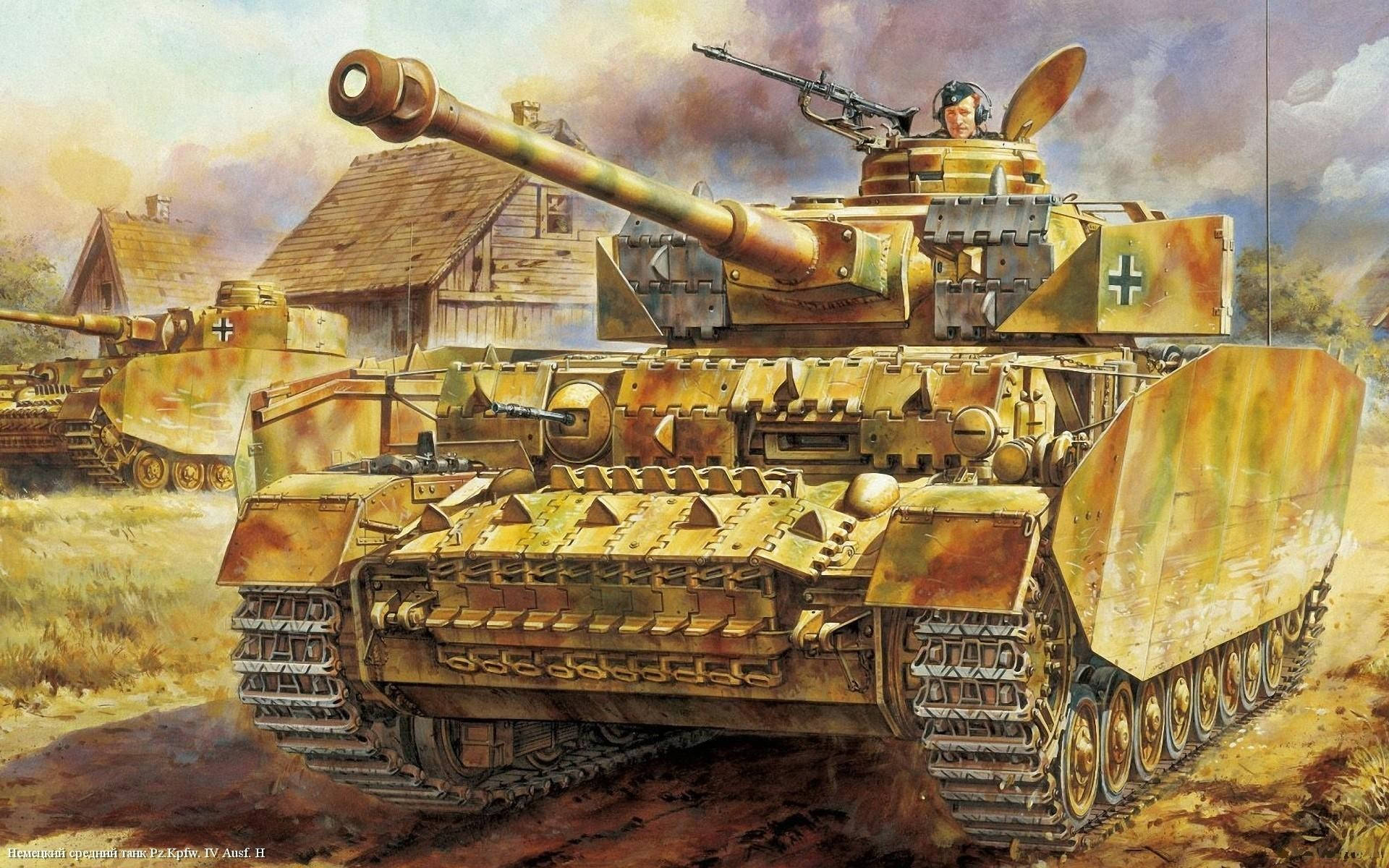 HD Military 桌布 壁紙 — 一幅詳細的油畫，描繪一輛德國四號戰車，砲塔內有一名士兵，位於鄉村戰場環境中。