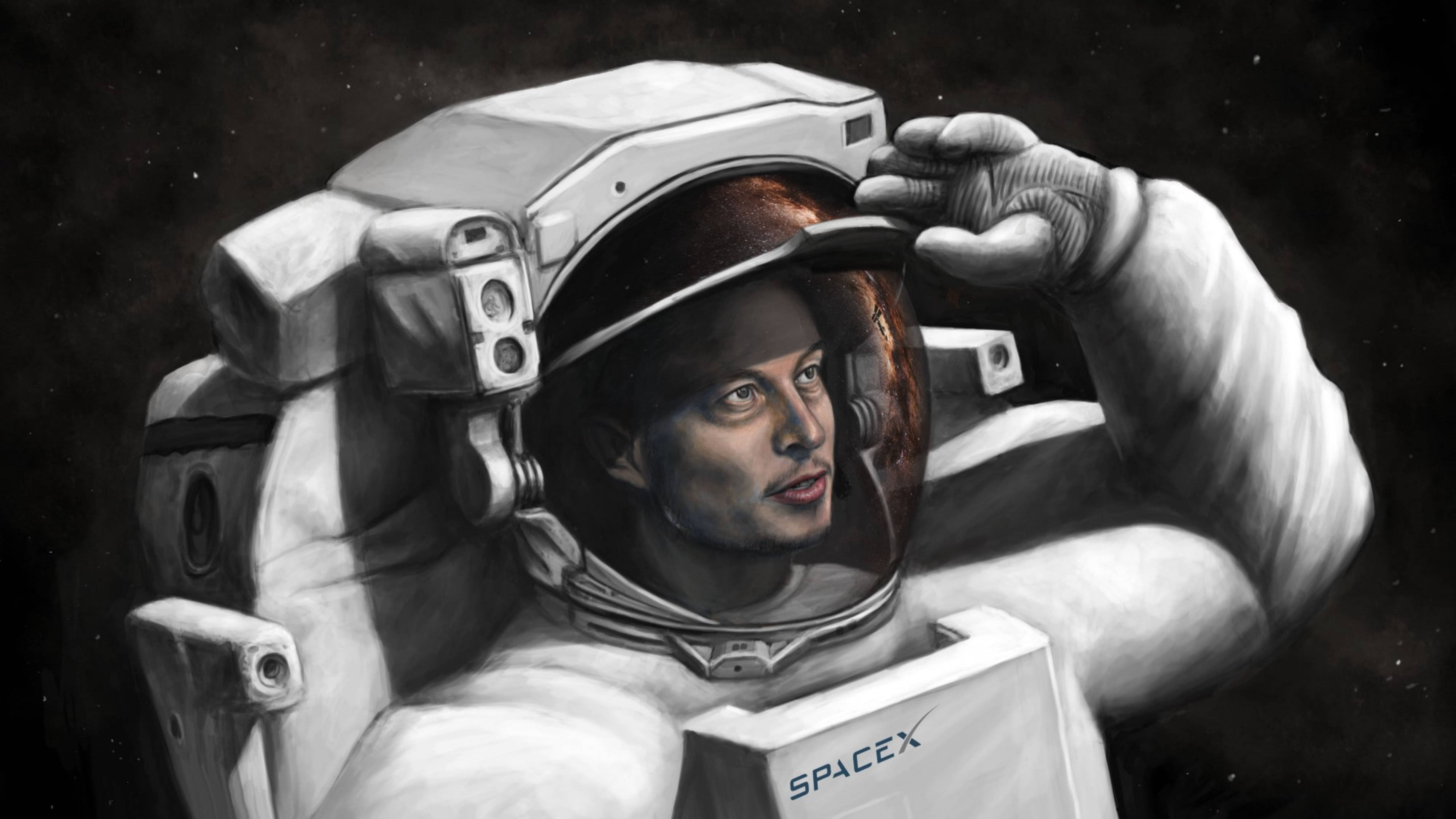 Elon 桌布 壁紙 — 一幅詳細的油畫，描繪伊隆·馬斯克穿著SpaceX太空人服裝，在繁星點點的太空背景下調整頭盔。