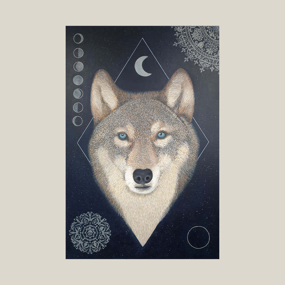 Wolf Art 桌布 壁紙 — 一幅詳細的狼插圖，擁有銳利的藍色眼睛，由鑽石和月相框住，背景是繁星點點的夜空。