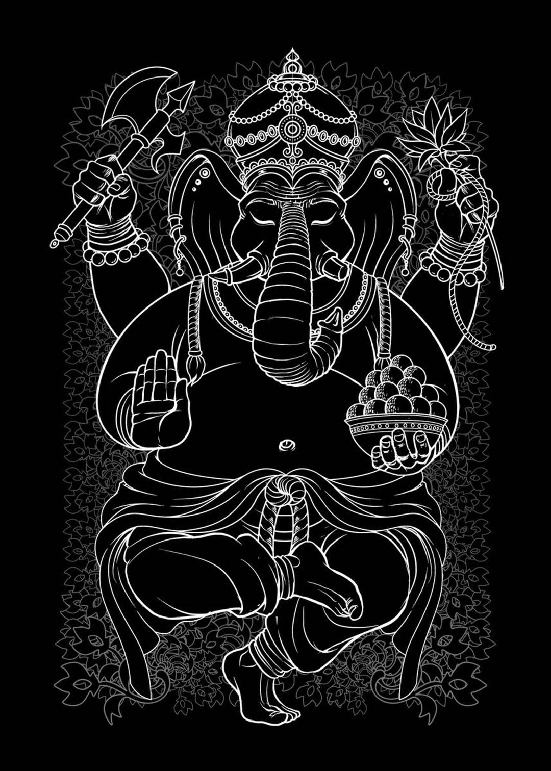 Ganesh 桌布 壁紙 — 一幅詳細的白色線條插圖，描繪象神迦尼薩在黑色背景上冥想，背景飾有華麗花卉圖案。