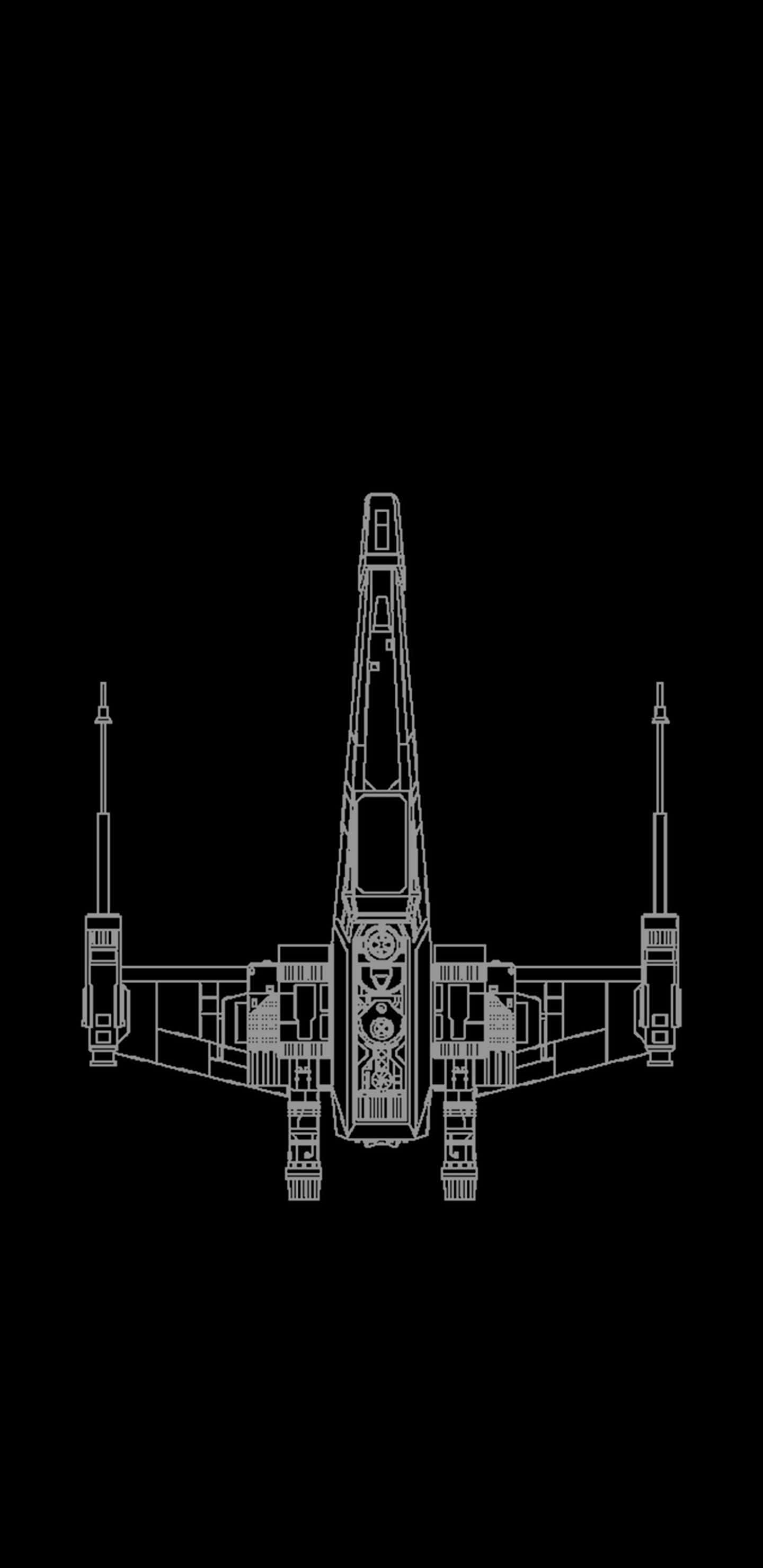 Star Wars Phone 桌布 壁紙 — 一幅詳細的白色線條畫，描繪了X-wing星際戰鬥機，居中於純黑色背景上。