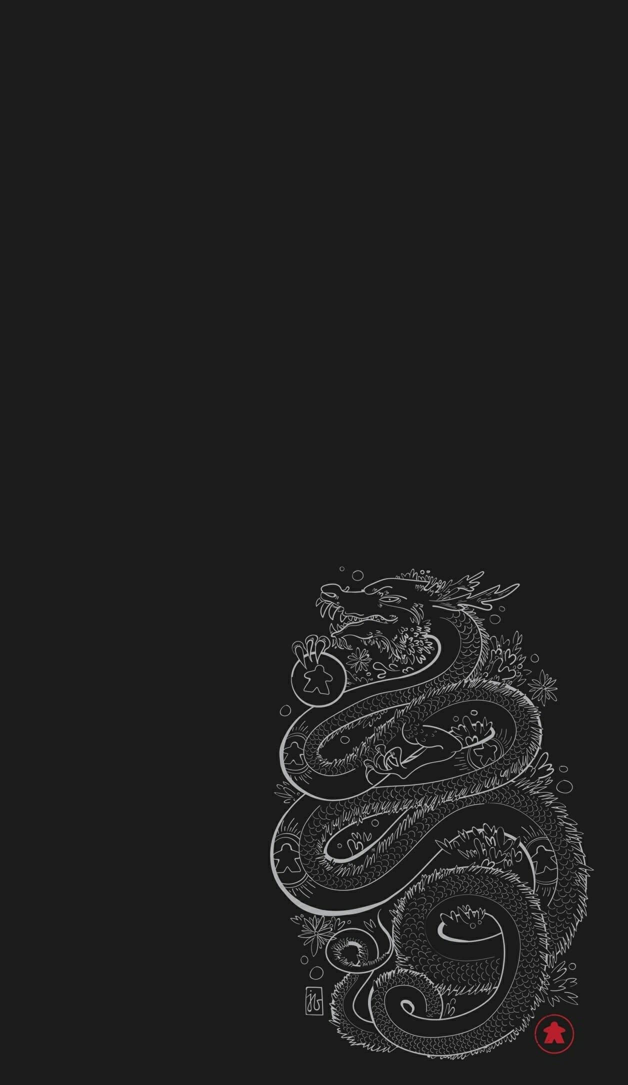 龍 桌布 壁紙 — 一幅詳細的白色線條畫，描繪了一條盤繞的龍，帶有花卉和氣泡圖案，背景為純黑色。