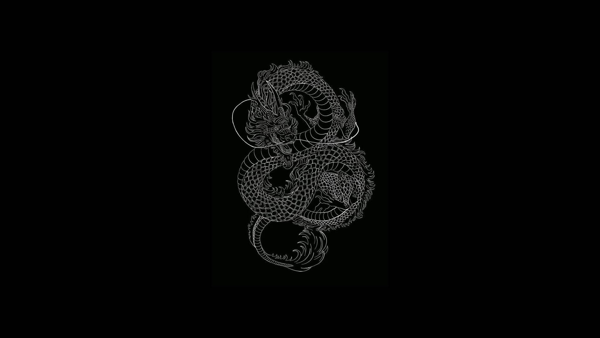 一幅風格化的白色線條畫，描繪了一條盤繞在黑色背景上的龍。 — 黑屏 壁紙