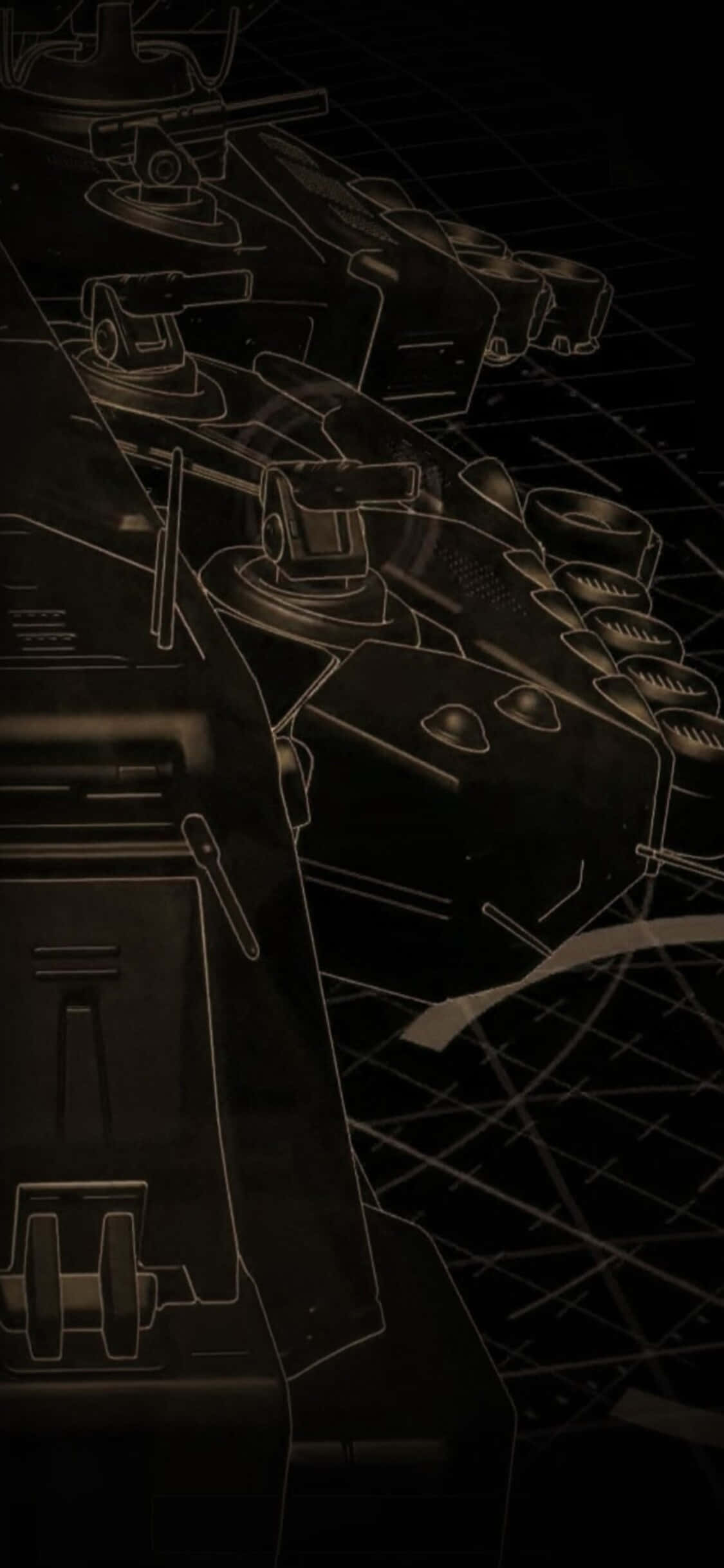 iPhone X Ashes Of The Singularity 桌布 壁紙 — 一幅詳細的線條藝術插圖，描繪機械部件在深色網格背景上微弱發光。