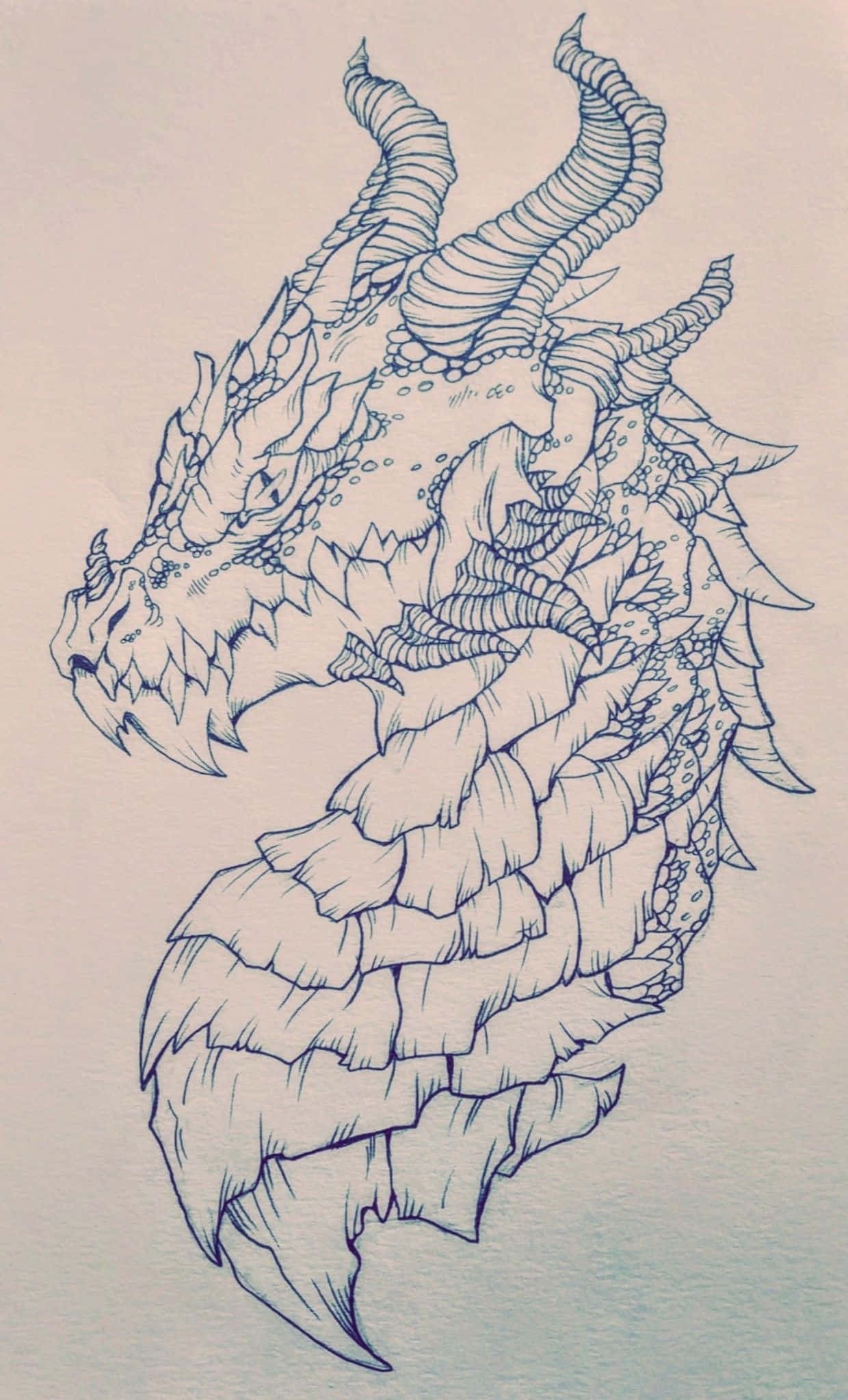 Dragon Profile 桌布 壁紙 — 一幅詳細的藍色墨水線條畫，描繪一隻兇猛的龍，帶有尖刺的角和層層疊疊的鱗片，畫在有紋理的紙上。