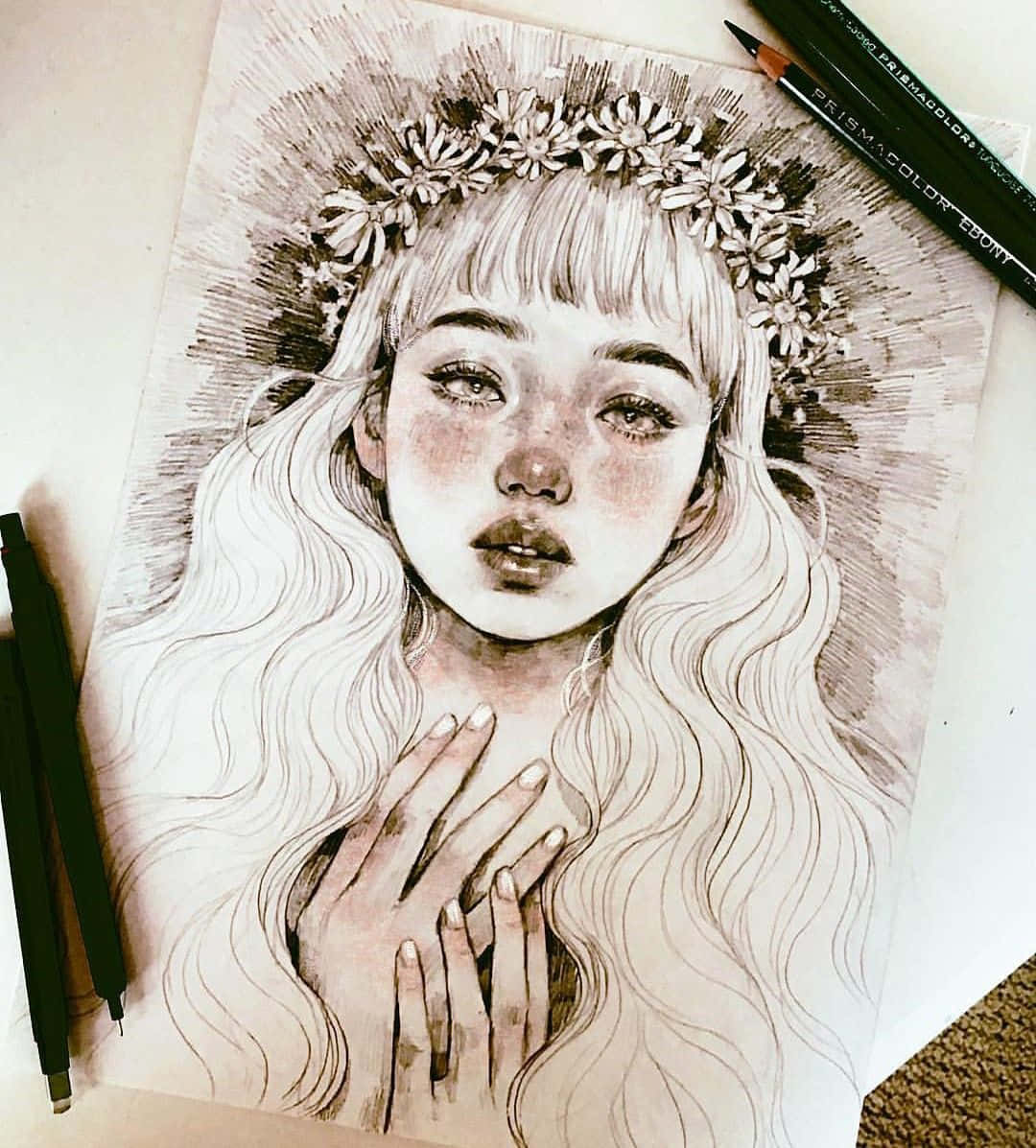 Aesthetic Drawings 桌布 壁紙 — 一幅詳細的鉛筆畫，描繪一位年輕女性，長捲髮，戴著花冠，雙手在胸前交握，周圍環繞著美術用品。