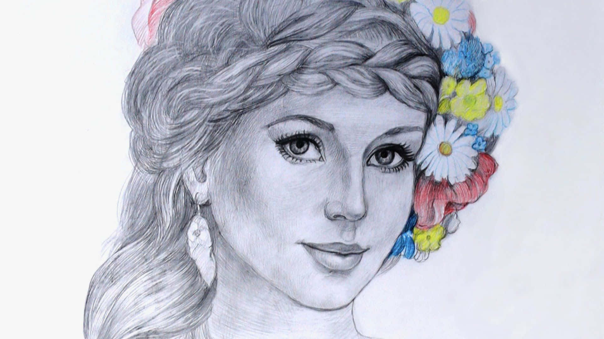 Pencil Drawing 桌布 壁紙 — 一幅詳細的鉛筆畫，描繪一位辮子頭髮上裝飾著彩色花朵和垂墜耳環的女性。
