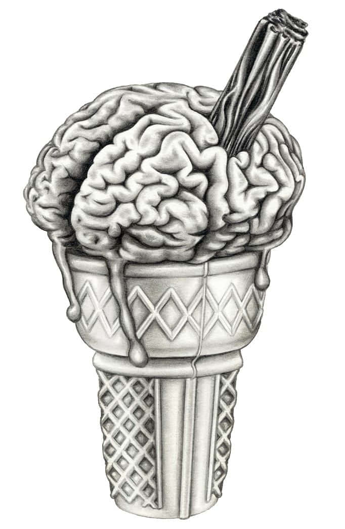 Brain 桌布 壁紙 — 一幅詳細的鉛筆畫，描繪一個大腦形狀的冰淇淋球在帶有圖案的甜筒中融化，並附有一根棍子。