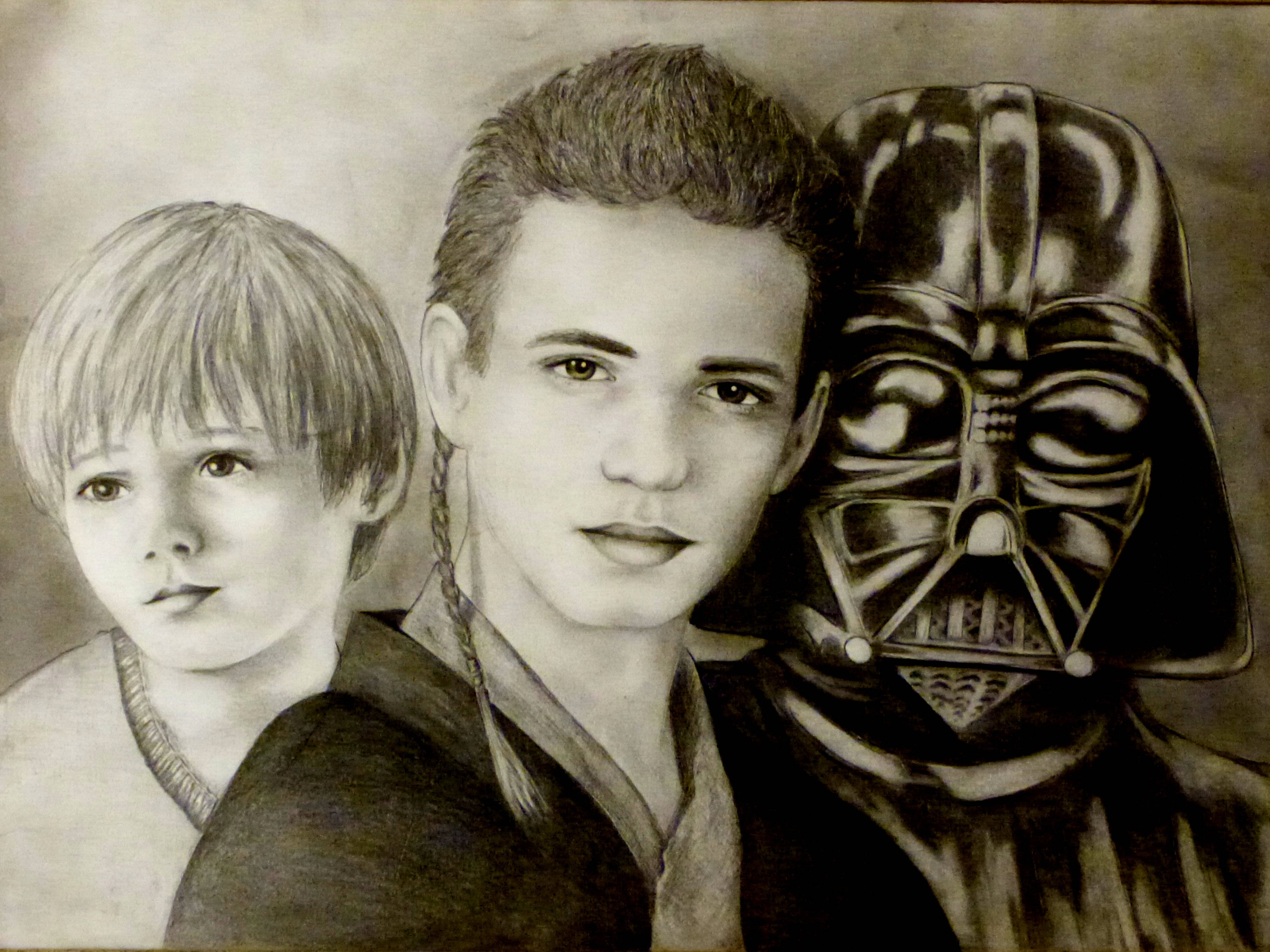 Vader 桌布 壁紙 — 一幅詳細的鉛筆畫，描繪了一個小男孩、一個青少年男孩和達斯維達並排站立，表情莊嚴。