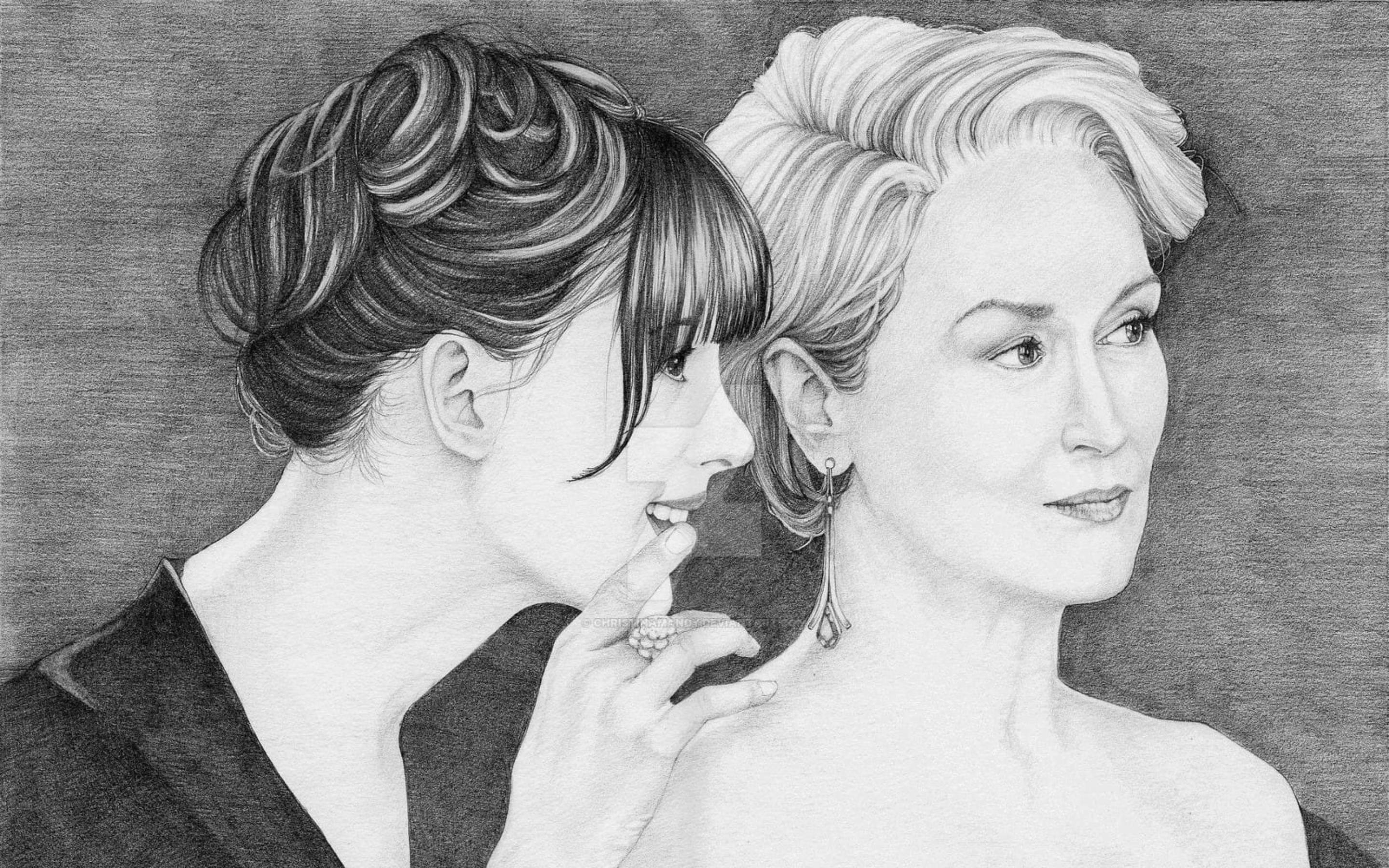pencil 桌布 壁紙 — 一幅詳細的鉛筆畫，描繪兩個側面女子，其中一個將手靠近嘴唇向另一個低語。