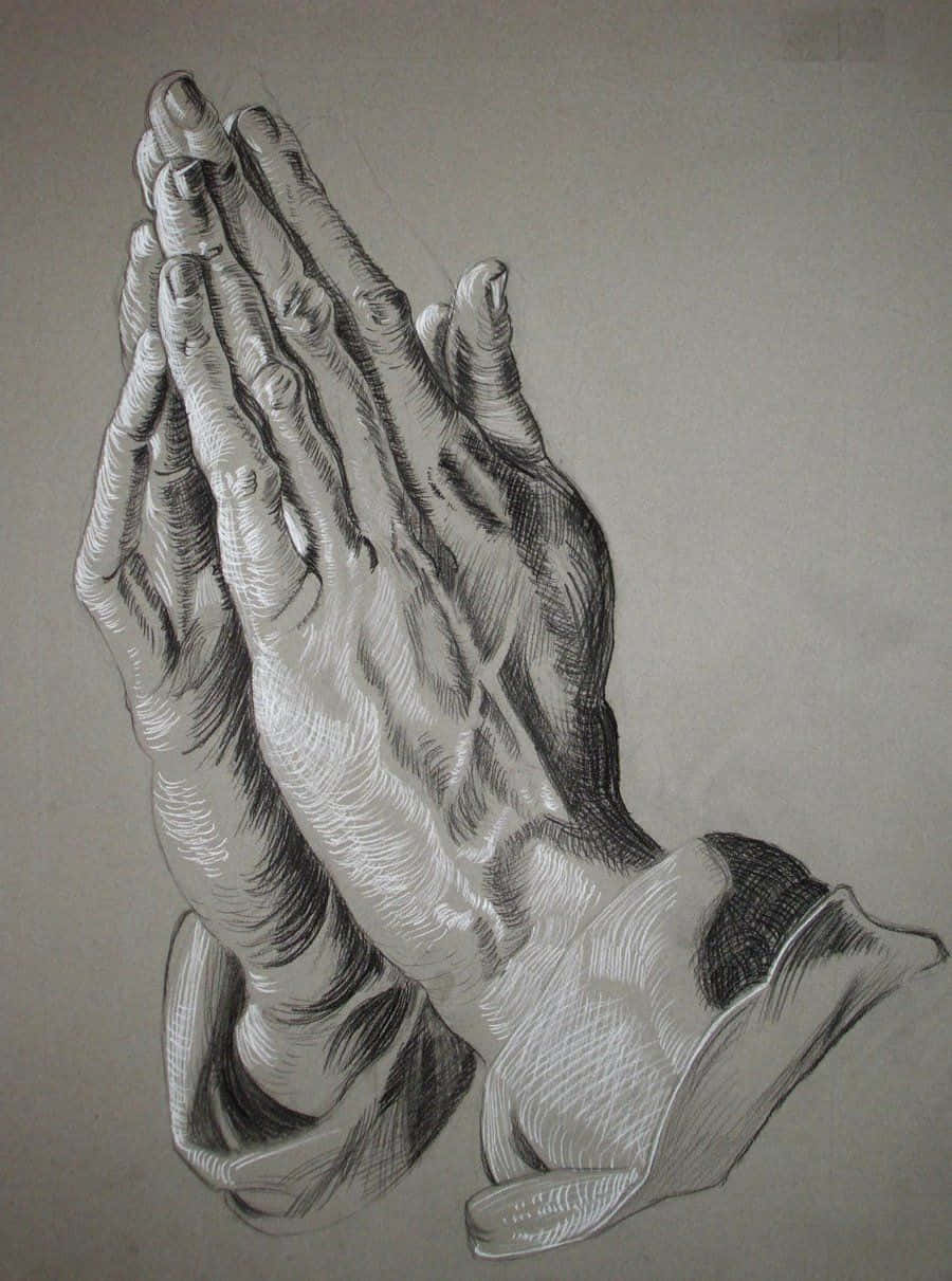 Praying 桌布 壁紙 — 一幅詳細的鉛筆畫，描繪祈禱姿勢中緊握的雙手，帶有強烈的陰影和紋理紙張背景。