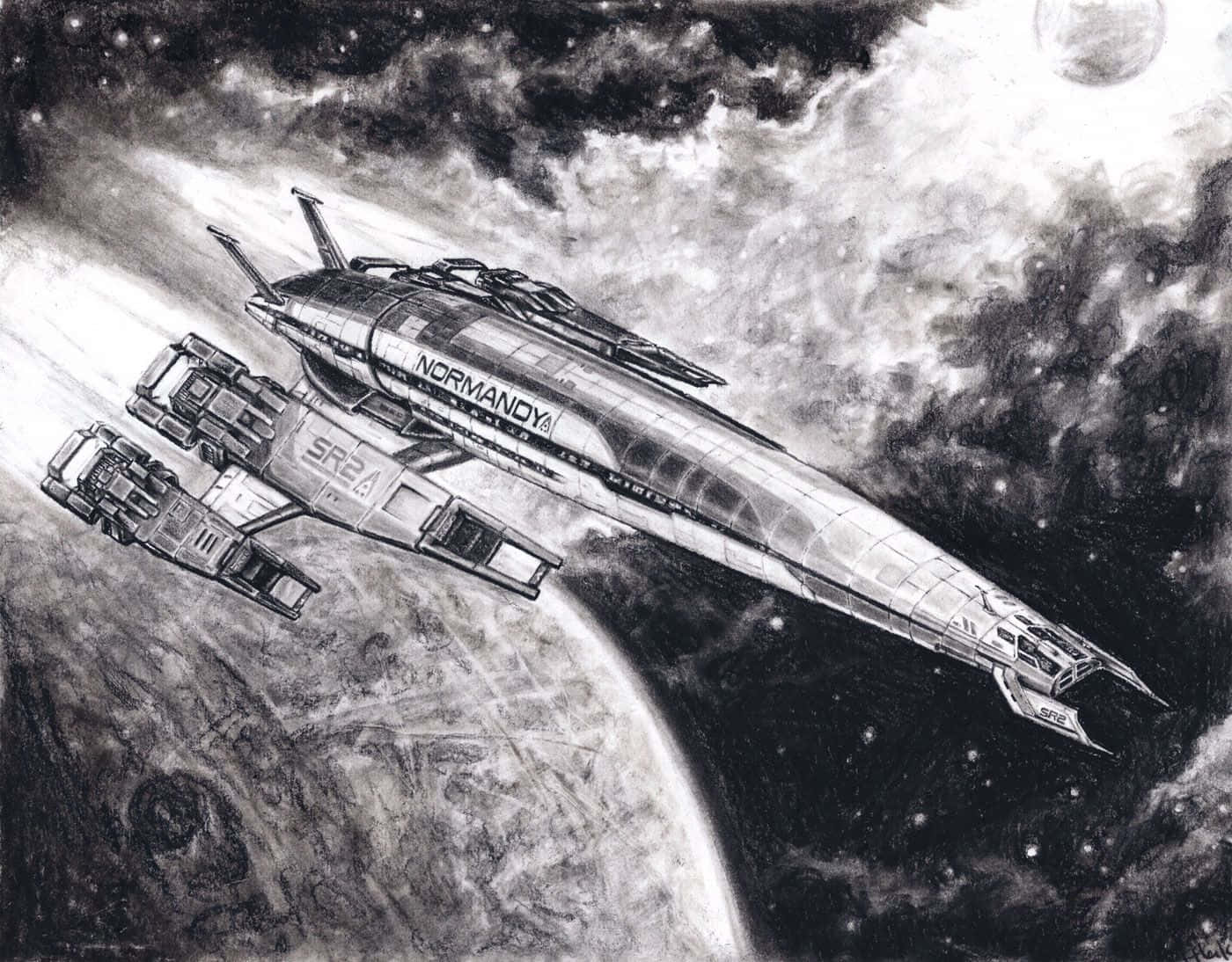Normandy Sr-2 桌布 壁紙 — 一幅詳細的鉛筆畫，描繪諾曼第SR2太空船在行星附近的星際宇宙中翱翔。