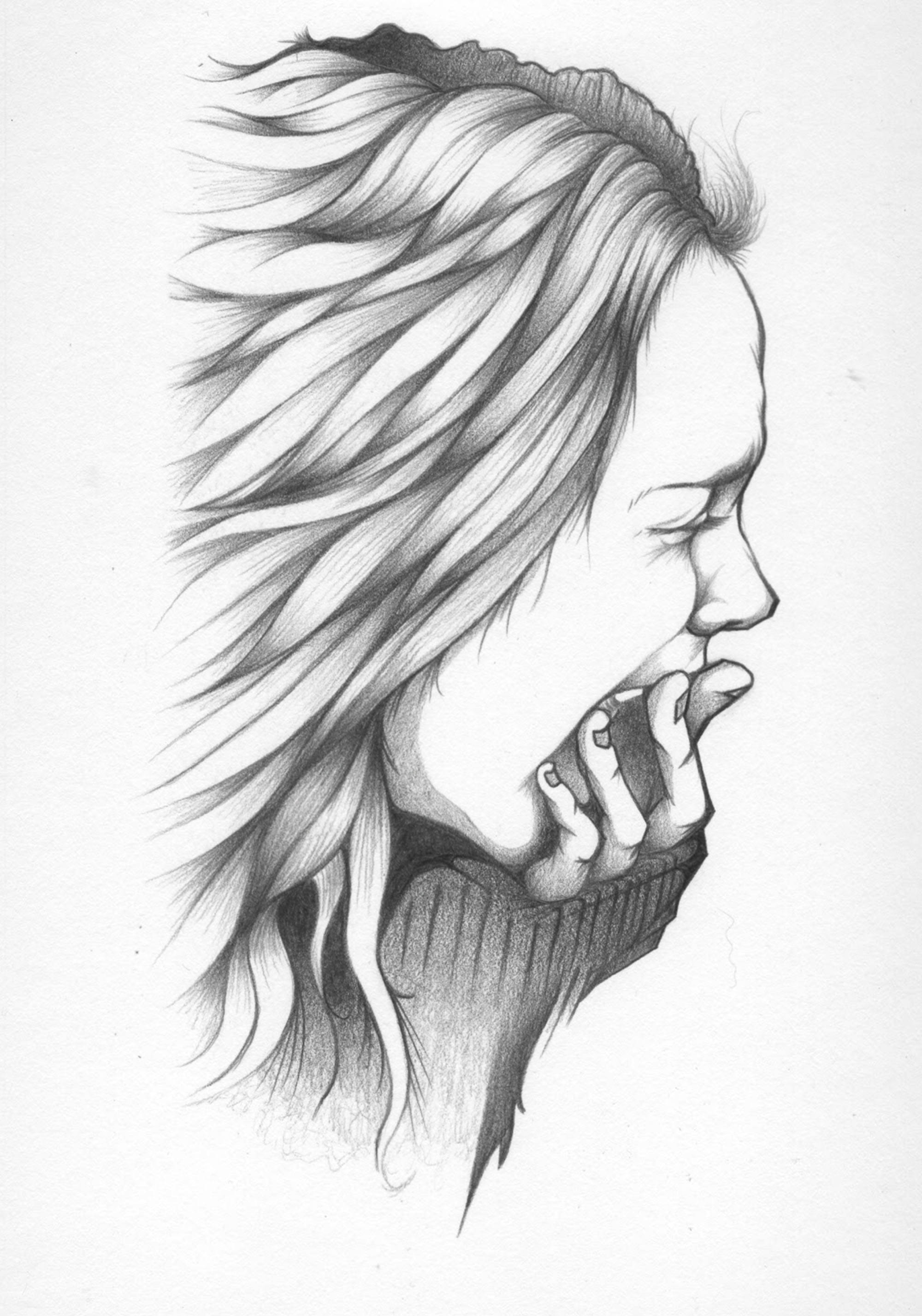 桌布 壁紙 — 一幅詳細的鉛筆素描，描繪一位側面打呵欠的女性，頭髮被風吹起，手靠近嘴巴。