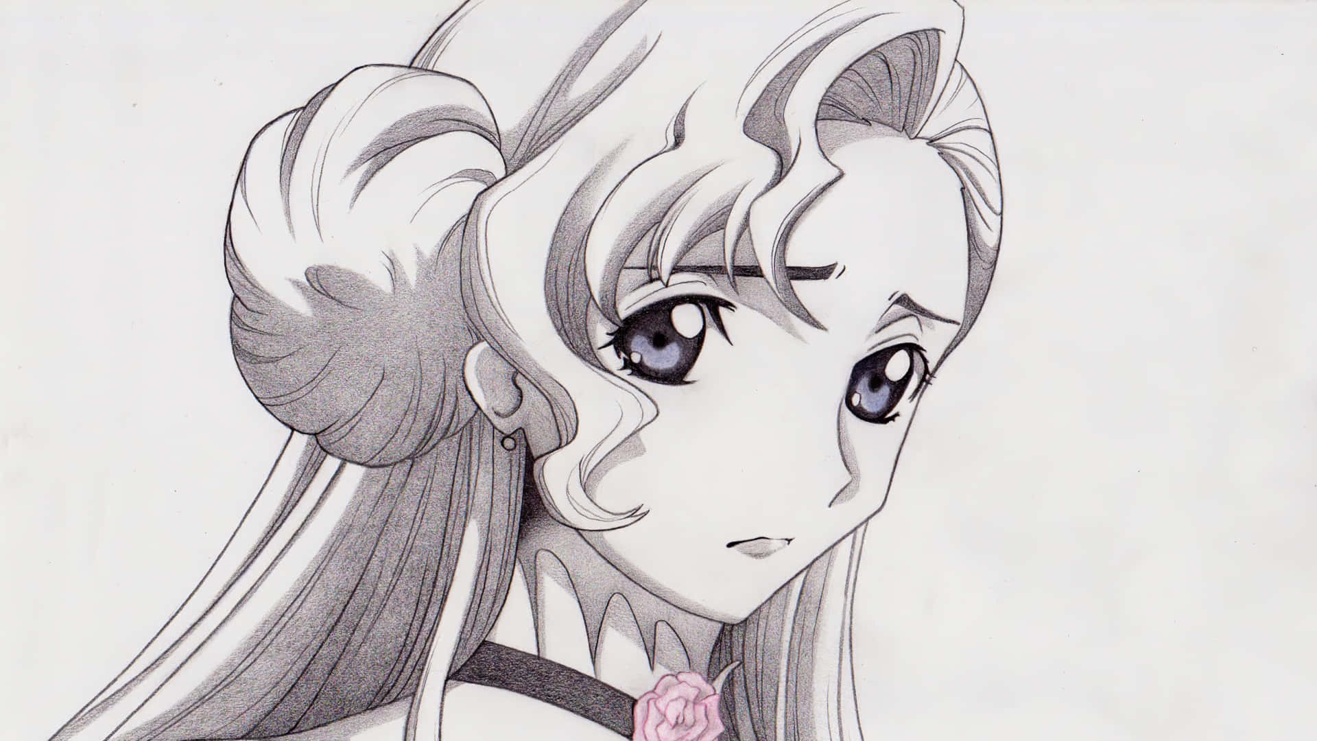 Euphemia Li Britannia 桌布 壁紙 — 一幅詳細的鉛筆素描，描繪一位動漫女孩，擁有大的富有表現力的眼睛，衣領上別著一朵粉紅玫瑰。