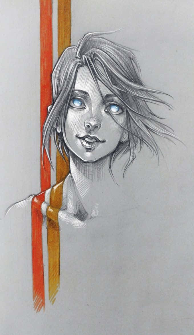 artwork 桌布 壁紙 — 一幅詳細的鉛筆素描，描繪一位年輕女子，擁有引人注目的藍色眼睛，從充滿活力的橙色和黃色垂直條紋中探出頭來。