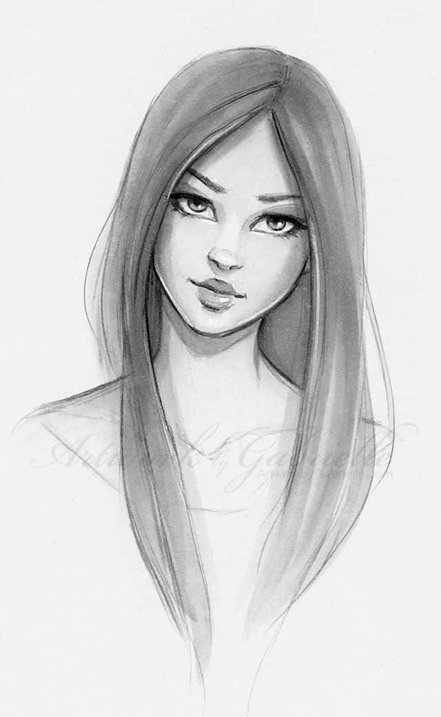 Cute Girl 桌布 壁紙 — 一幅詳細的鉛筆素描，描繪一位年輕女性，長髮飄逸，眼神富有表現力，凝視前方。