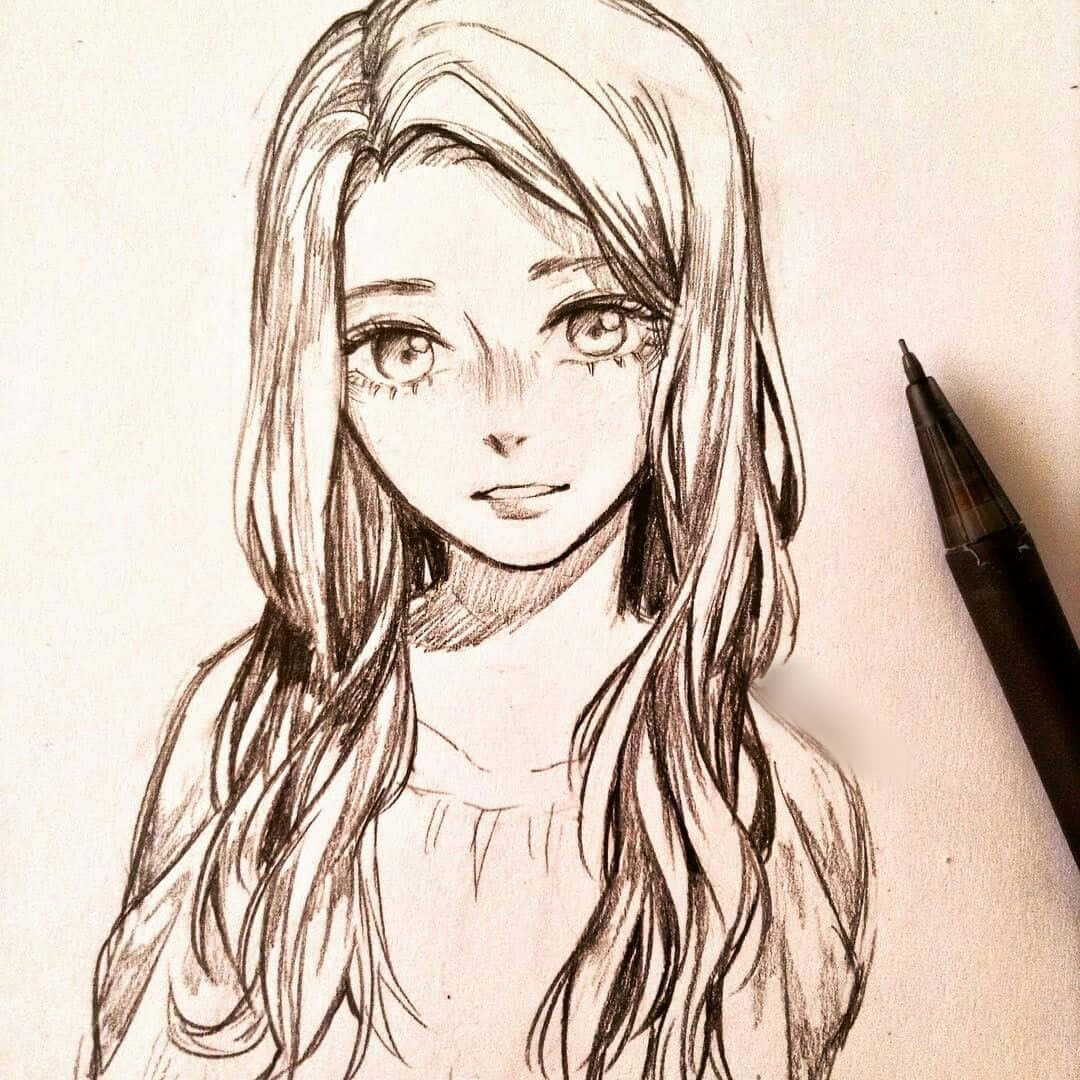 動漫繪圖 桌布 壁紙 — 一幅詳細的鉛筆素描，描繪一位年輕女性，擁有長長的飄逸頭髮和富有表現力的眼睛，旁邊有一支黑色鋼筆在紋理紙上。