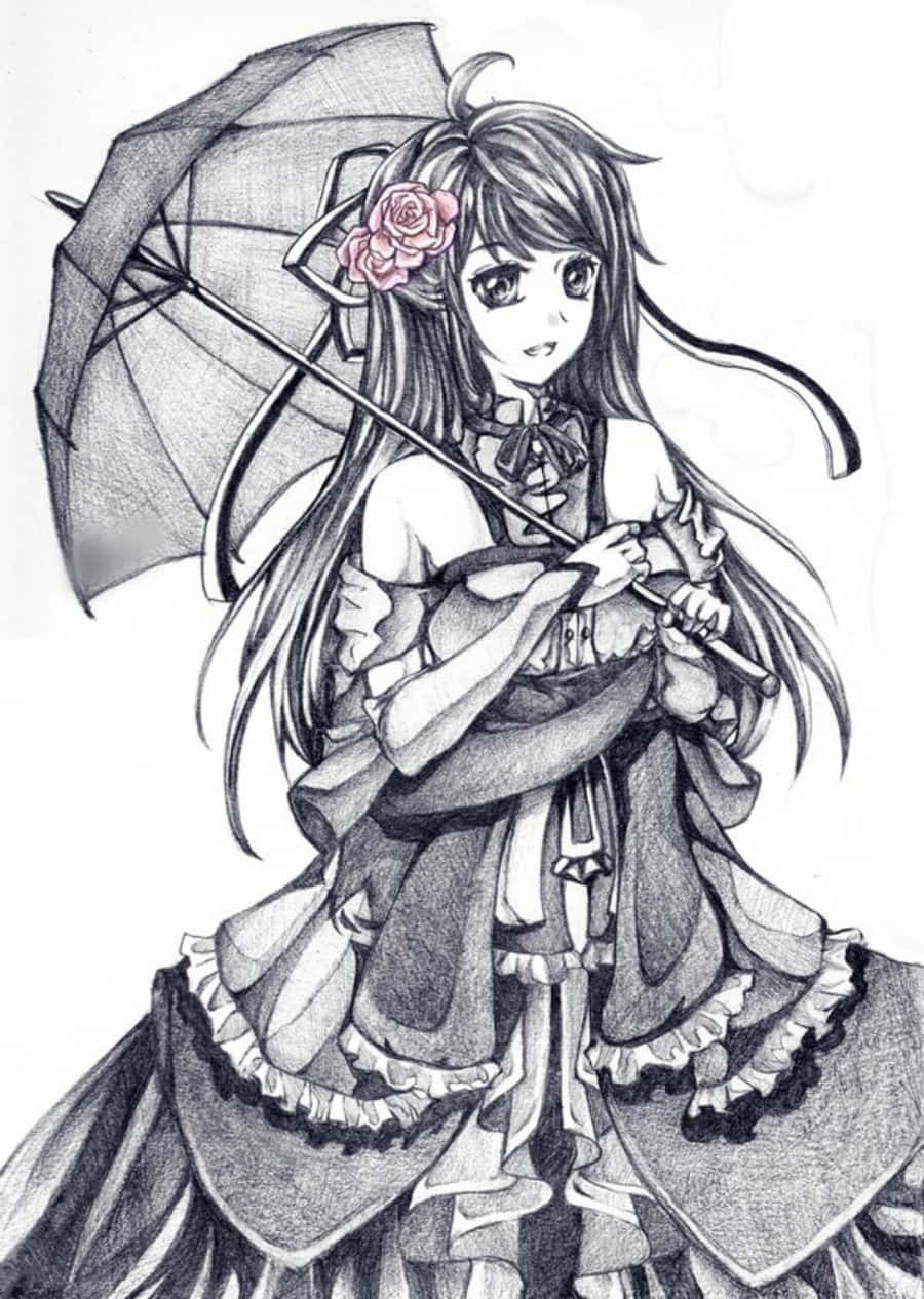 動漫繪圖 桌布 壁紙 — 一幅詳細的鉛筆素描，描繪一位年輕的動漫女孩，長髮飄逸，手持一把點綴著粉紅玫瑰的雨傘。