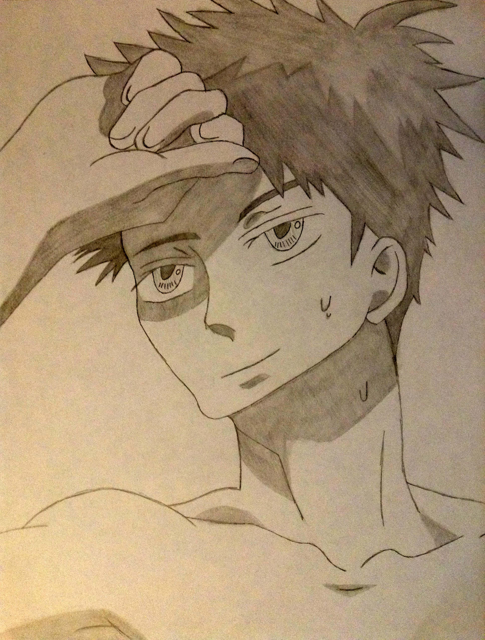 Takashi Morinozuka 桌布 壁紙 — 一幅詳細的鉛筆素描，描繪一位年輕的動畫男性，擁有尖刺頭髮，手放在頭上，表情平靜。