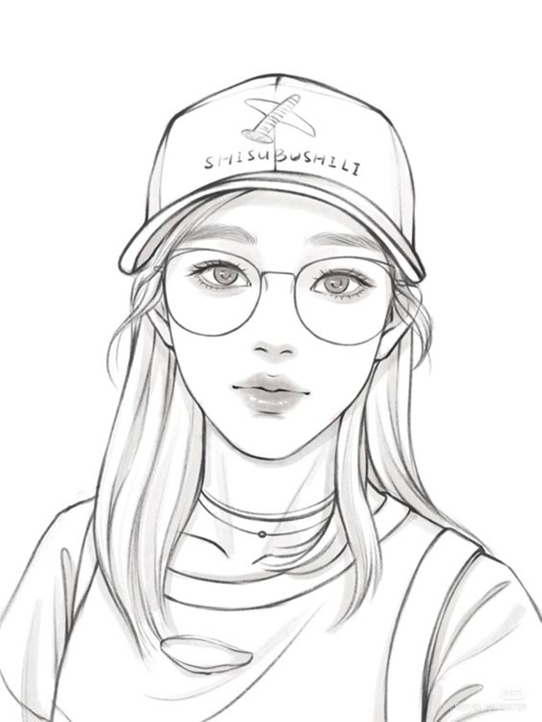 Cool Pfp 桌布 壁紙 — 一幅詳細的鉛筆素描，描繪一位戴眼鏡和印有飛機標誌及文字的帽子的年輕女子。