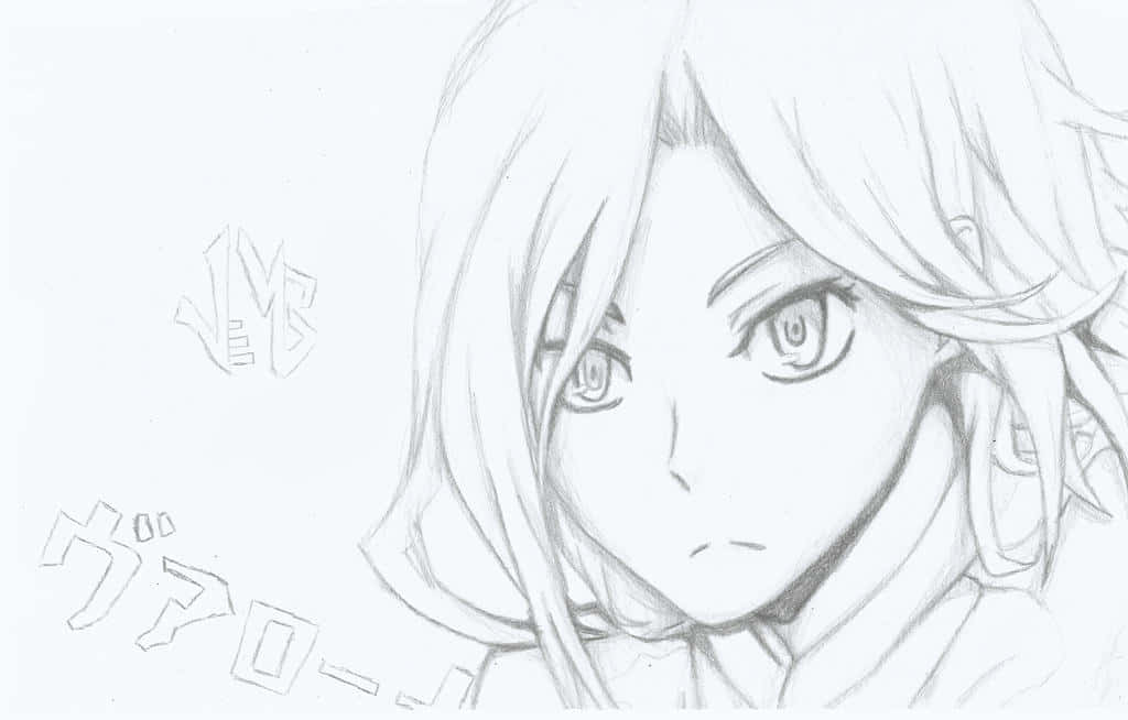 Durarara Vorona 桌布 壁紙 — 一幅詳細的鉛筆素描，描繪一位擁有表情豐富的眼睛和飄逸頭髮的動漫女孩，背景有日文字。