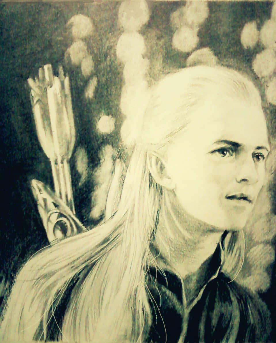 legolas 桌布 壁紙 — 一幅詳細的鉛筆素描，描繪一位蒼白的精靈，長髮及背，背著箭袋，在柔和模糊的背景前沉思凝視。