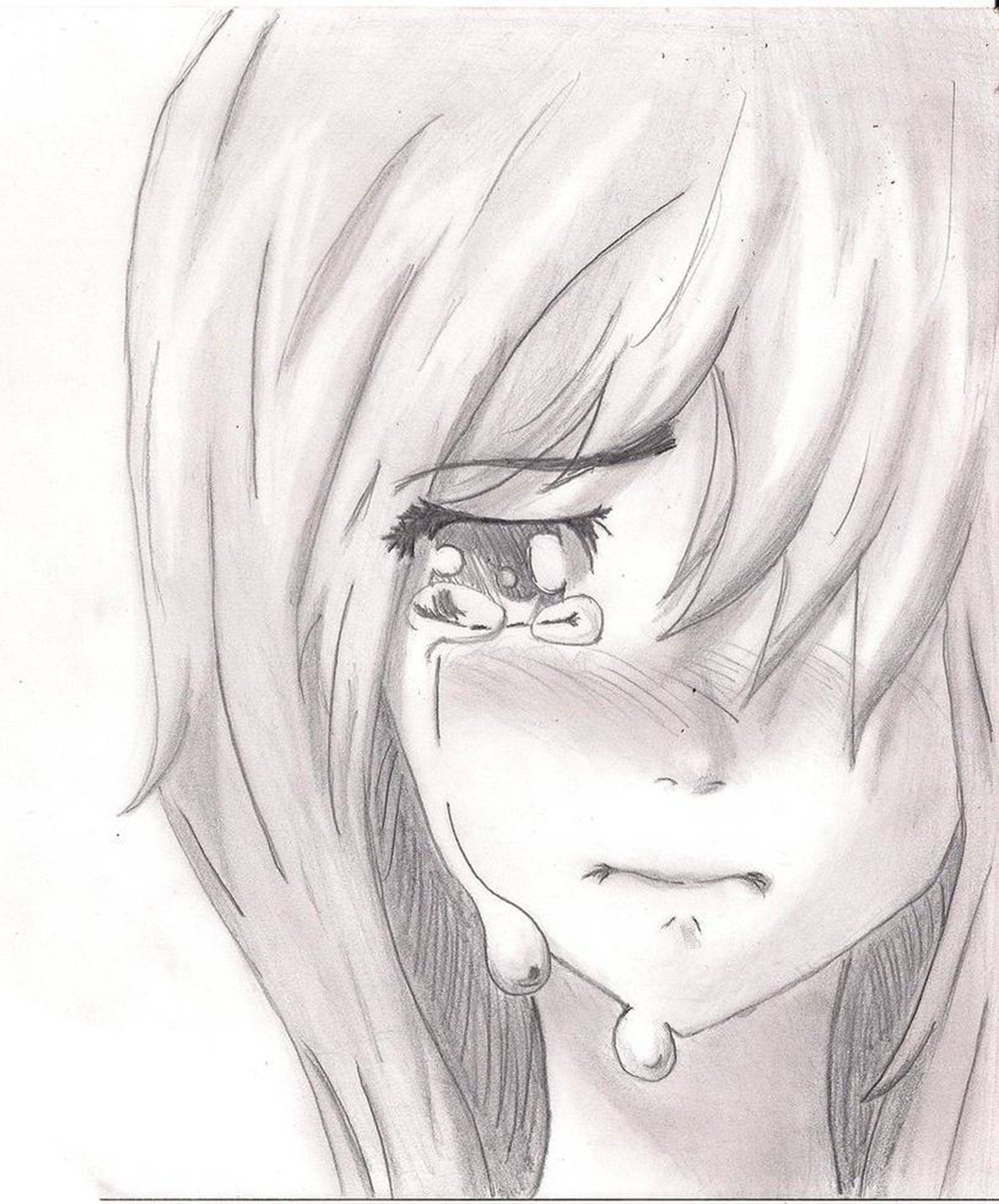 桌布 壁紙 — 一幅詳細的鉛筆素描，描繪一位長髮動漫女孩從眼睛流出兩大滴眼淚。