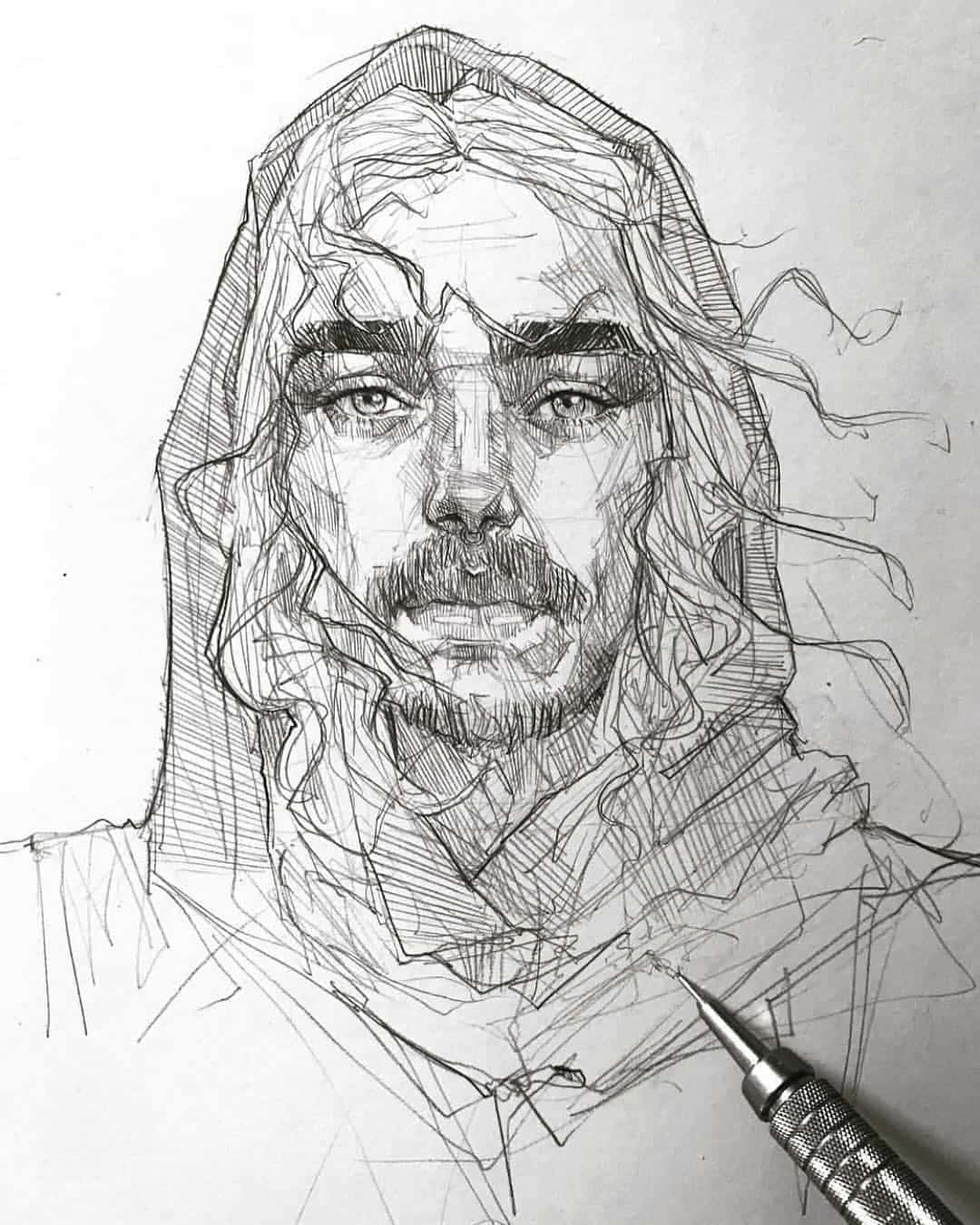 sketch 桌布 壁紙 — 一幅詳細的鉛筆素描，描繪一位長髮鬍鬚男，部分有陰影，一枝自動鉛筆擱在紙上。
