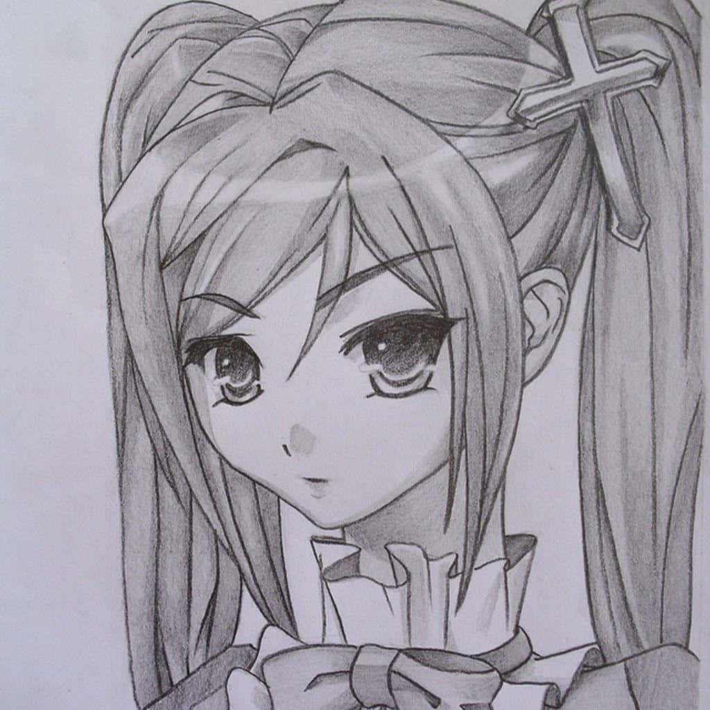 Pencil Drawing 桌布 壁紙 — 一幅詳細的鉛筆素描，描繪一位雙馬尾、戴著十字髮夾的動漫女孩，溫柔地向前凝視。