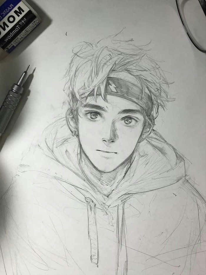 Boy 桌布 壁紙 — 一幅詳細的鉛筆素描，描繪一位頭髮凌亂、戴著頭帶的年輕男子，畫在紙上，附近有藝術工具。